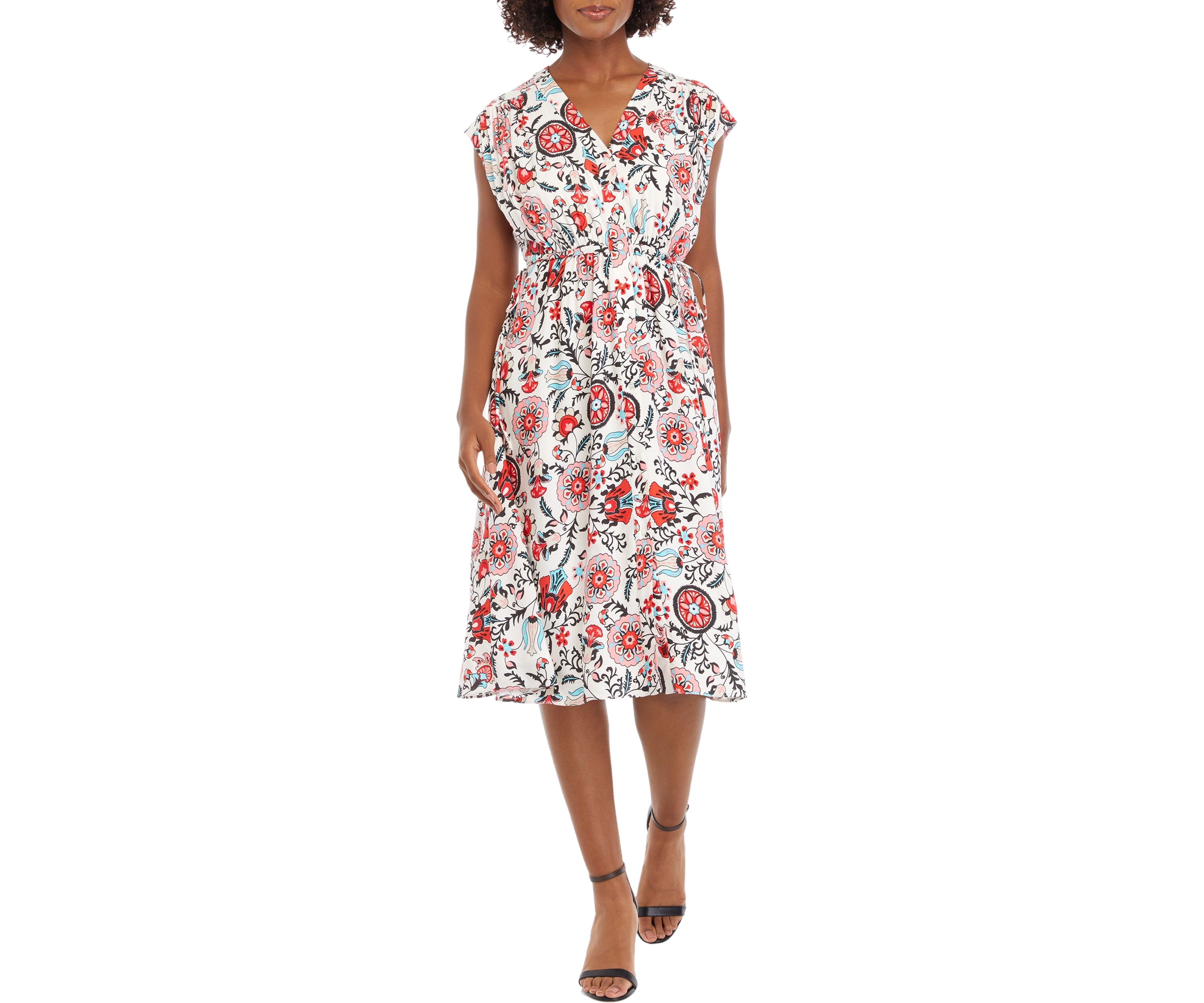Petite V-Neck Printed Button Down Dress