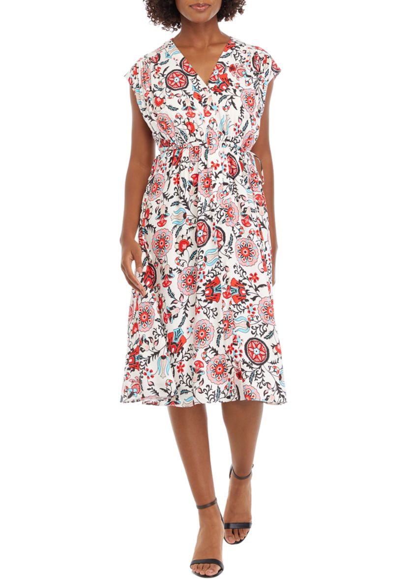 Petite V-Neck Printed Button Down Dress