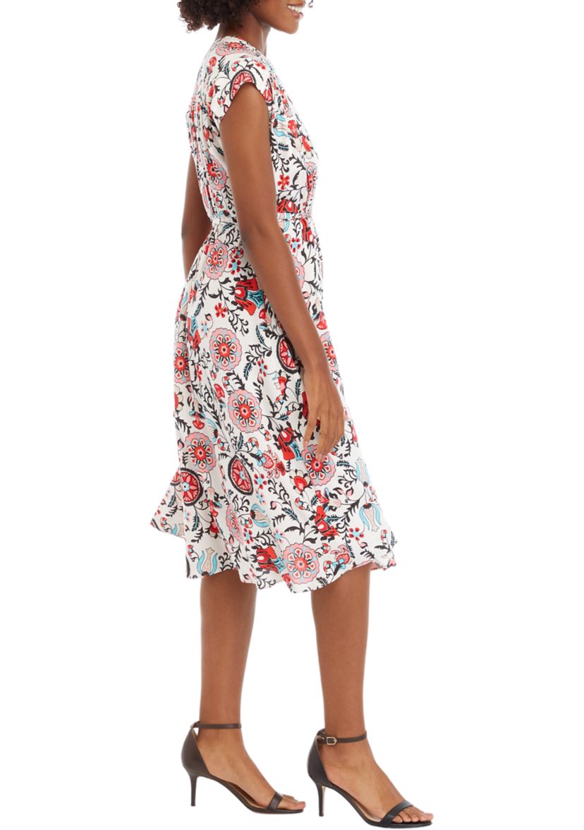Petite V-Neck Printed Button Down Dress