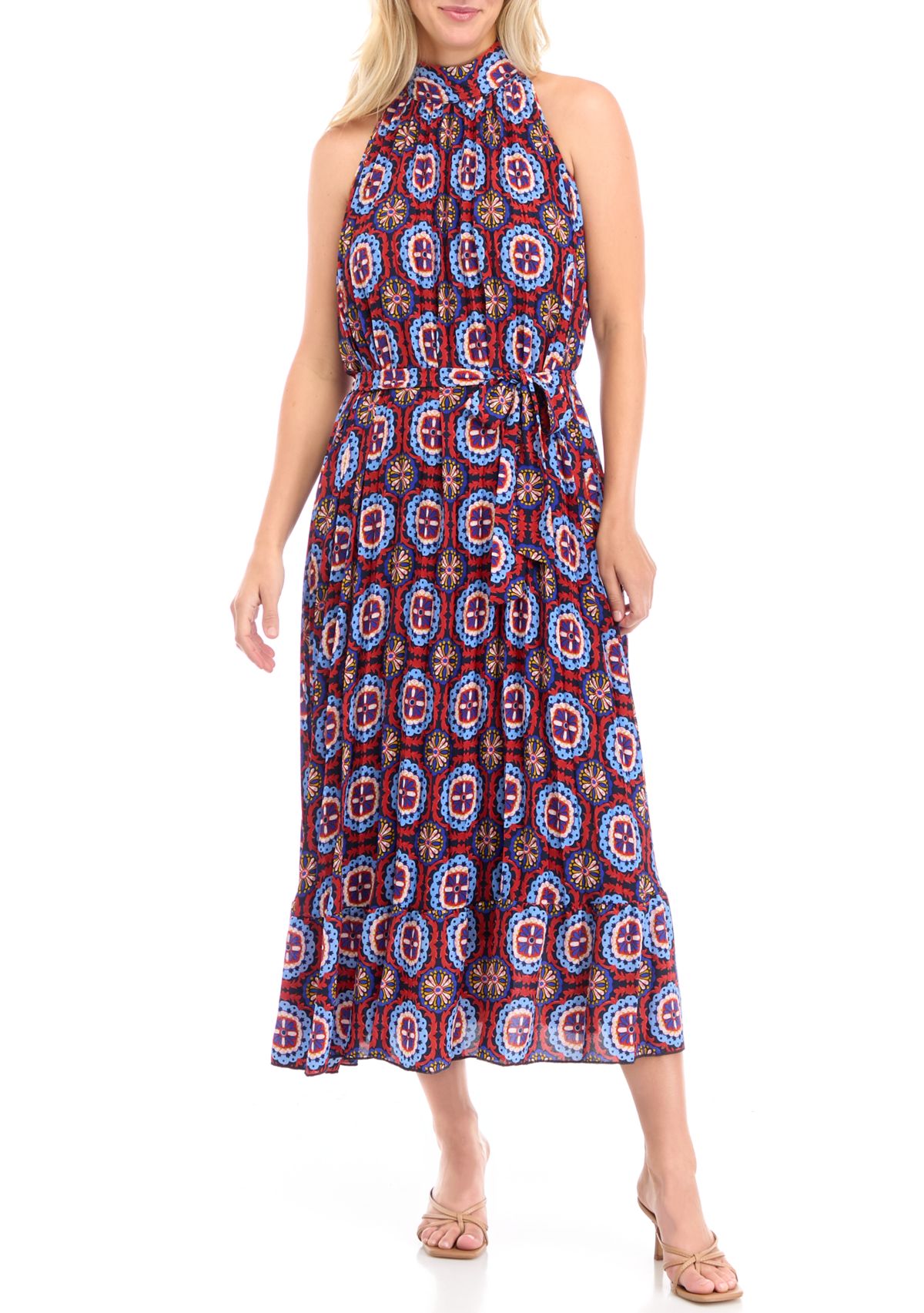Womens Sleeveless Halter Neck Tile Print Dress