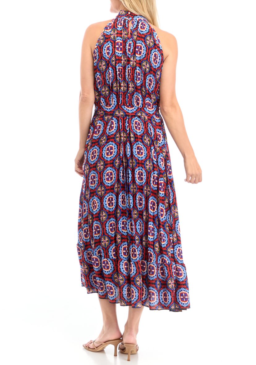 Womens Sleeveless Halter Neck Tile Print Dress