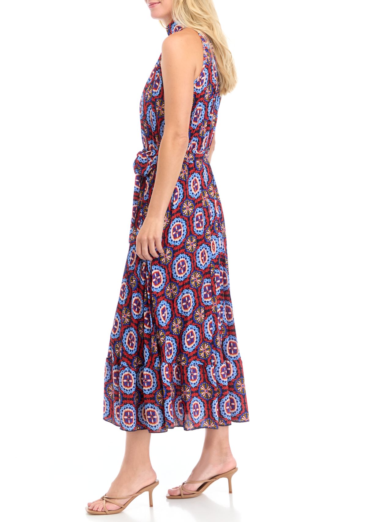 Womens Sleeveless Halter Neck Tile Print Dress