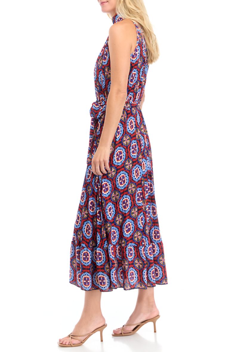 Womens Sleeveless Halter Neck Tile Print Dress