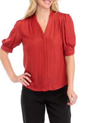 T-Tahari Short Sleeve Pleated Neck Shirt