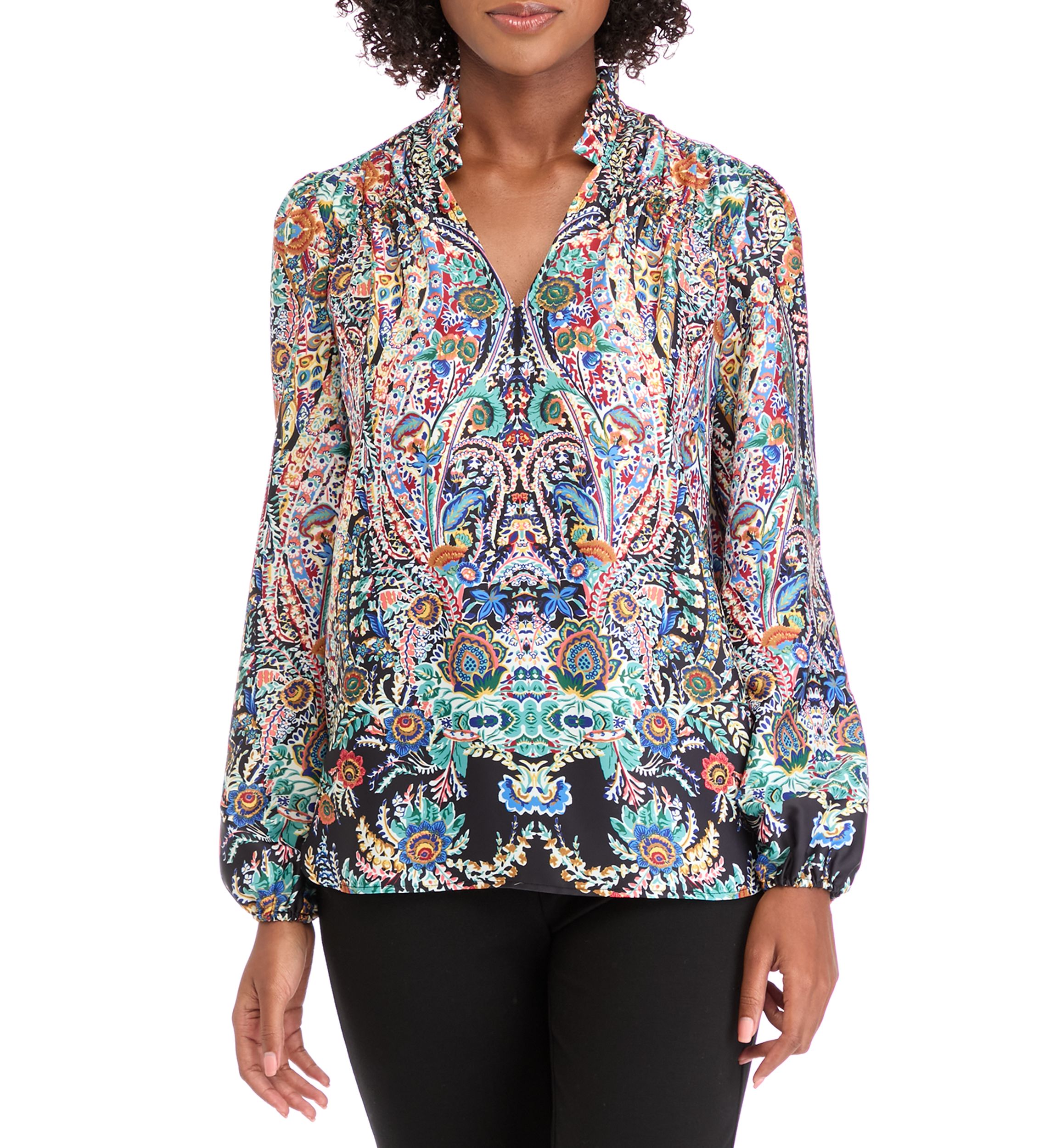 Womens Blouson Sleeve Printed V-Neck Blouse