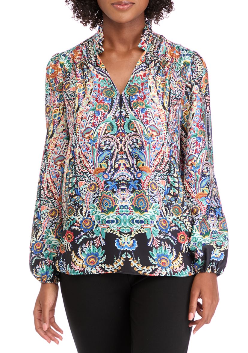 Womens Blouson Sleeve Printed V-Neck Blouse