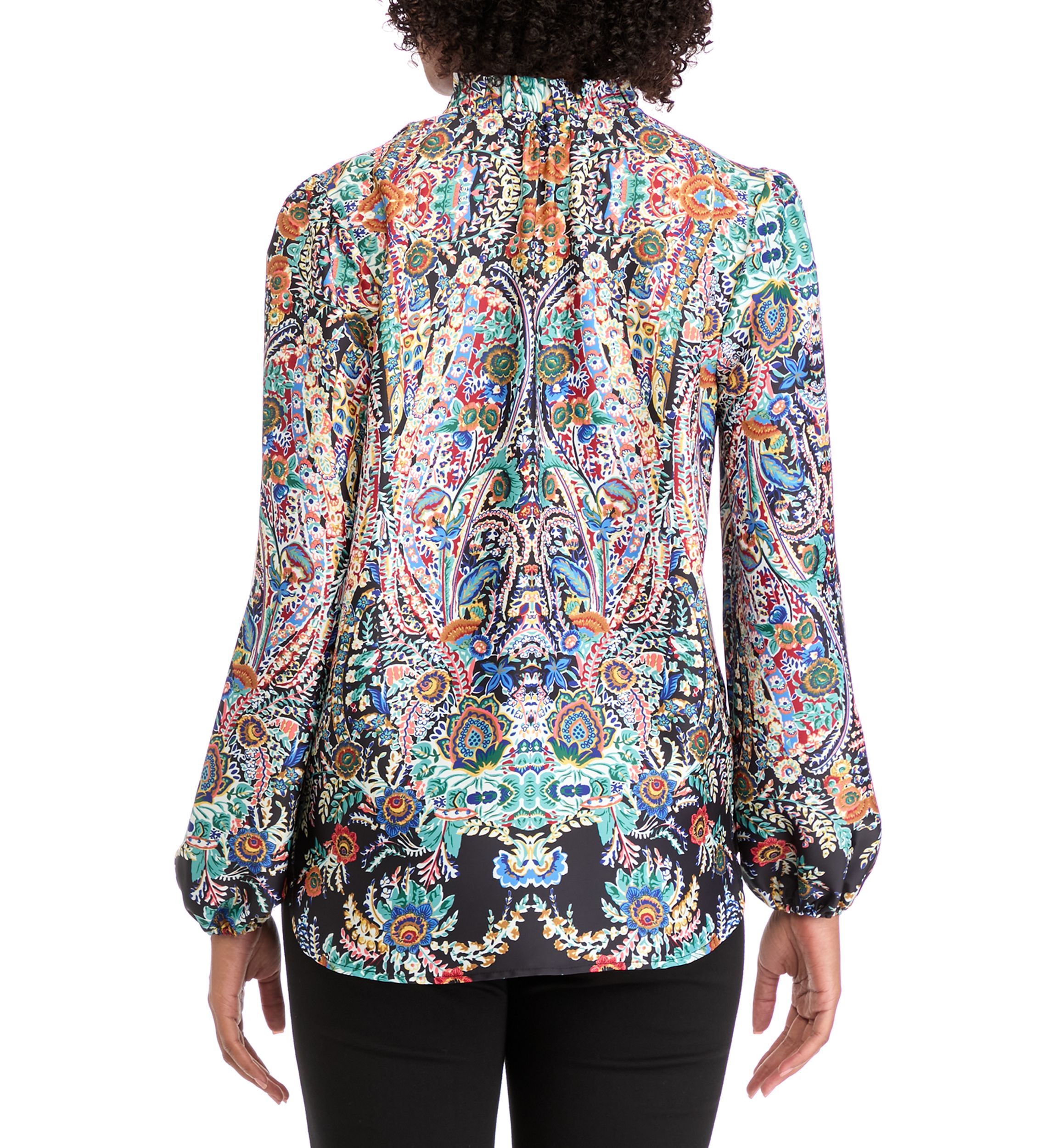 Womens Blouson Sleeve Printed V-Neck Blouse