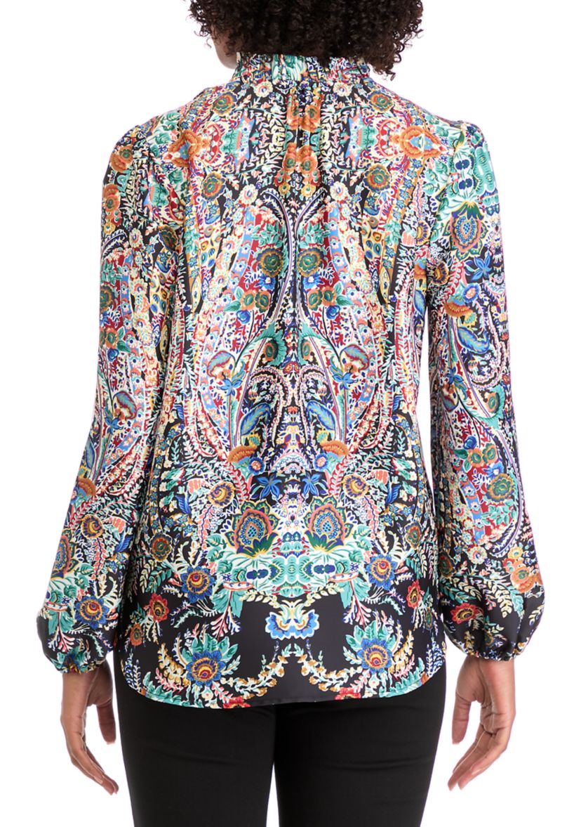 Womens Blouson Sleeve Printed V-Neck Blouse