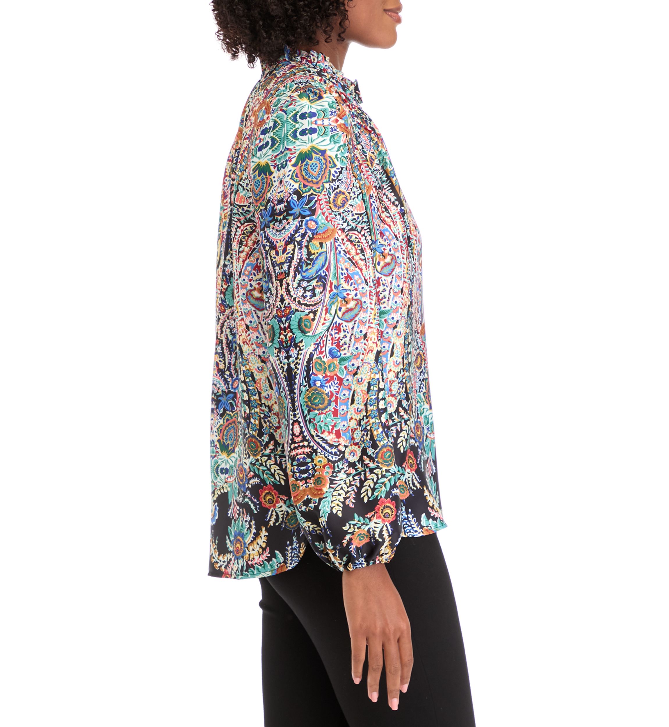 Womens Blouson Sleeve Printed V-Neck Blouse