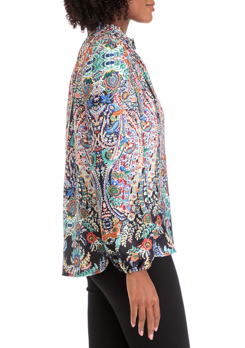 Womens Blouson Sleeve Printed V-Neck Blouse