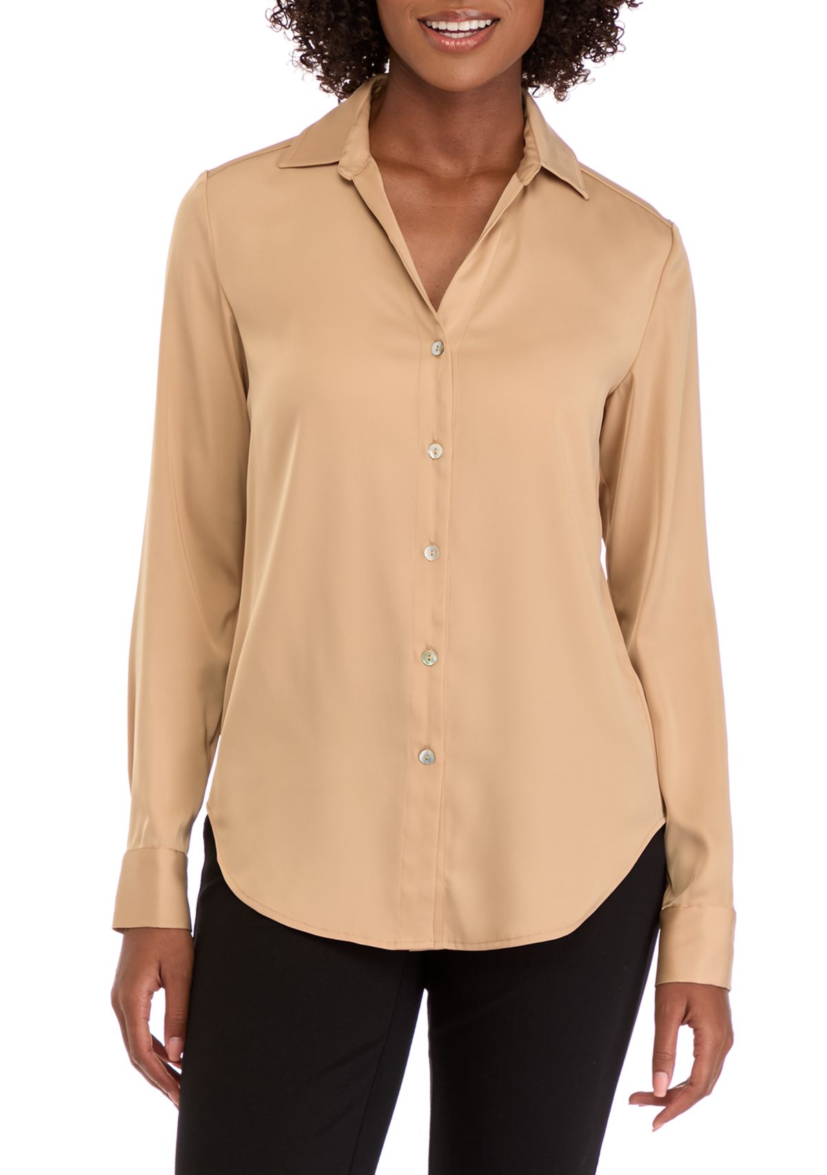 Womens Long Sleeve Split Neck Woven Button Down Blouse