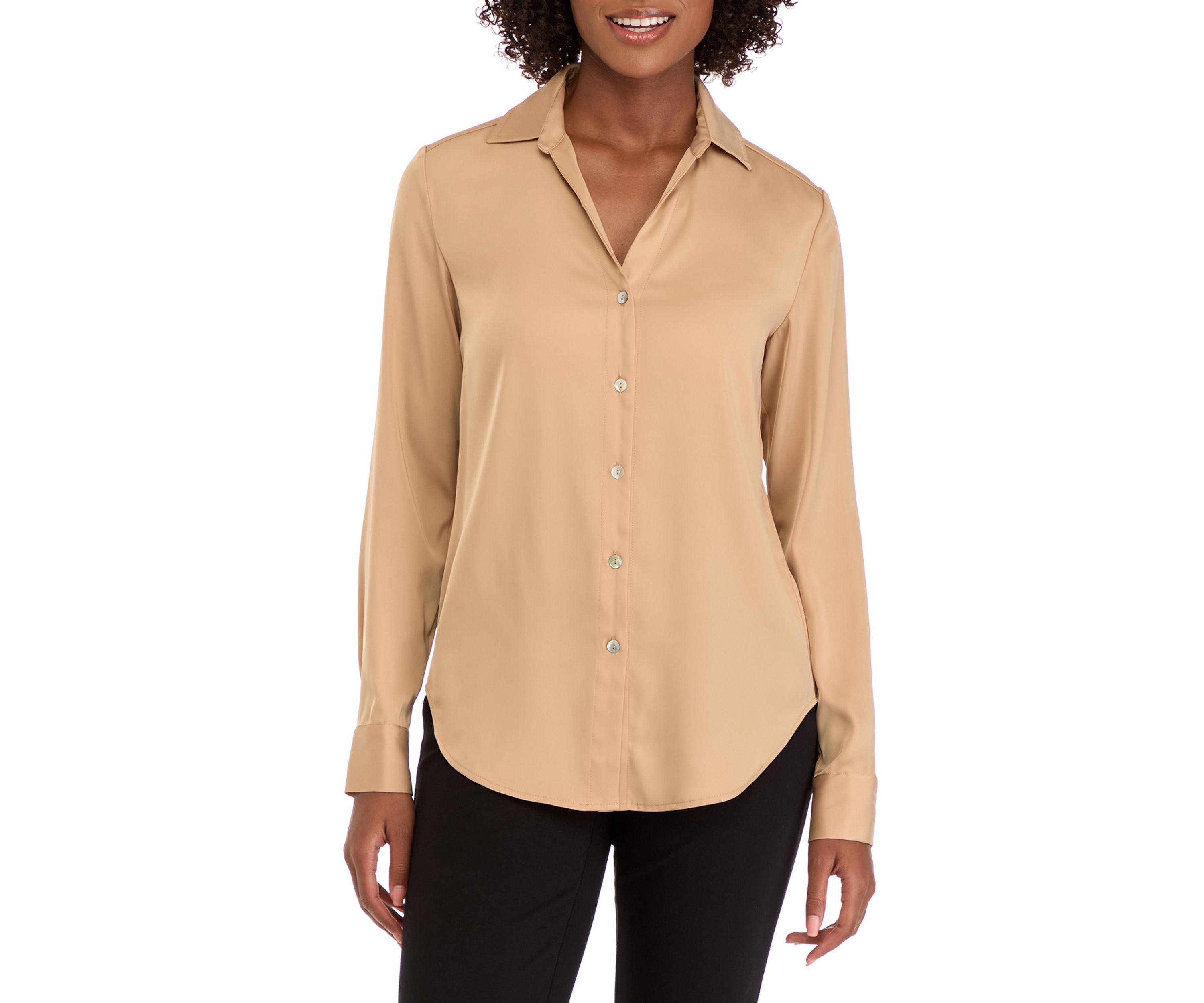 Womens Long Sleeve Split Neck Woven Button Down Blouse