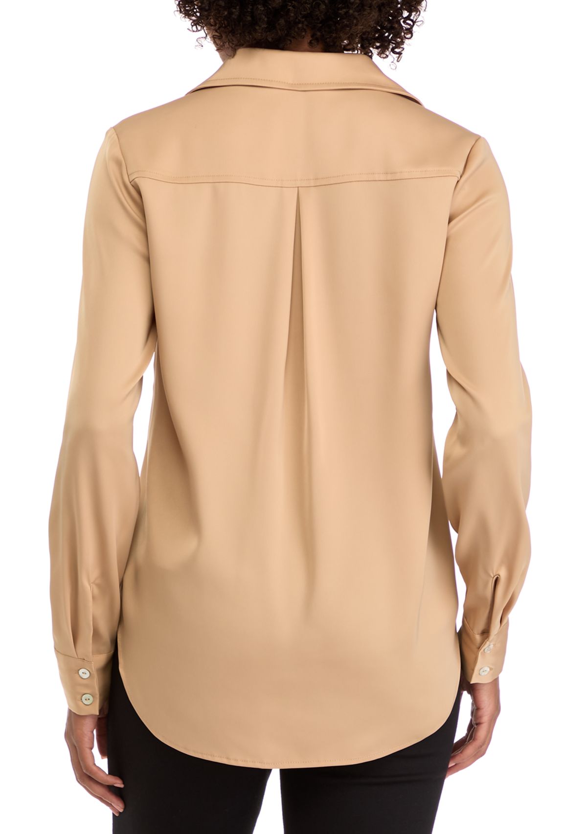 Womens Long Sleeve Split Neck Woven Button Down Blouse