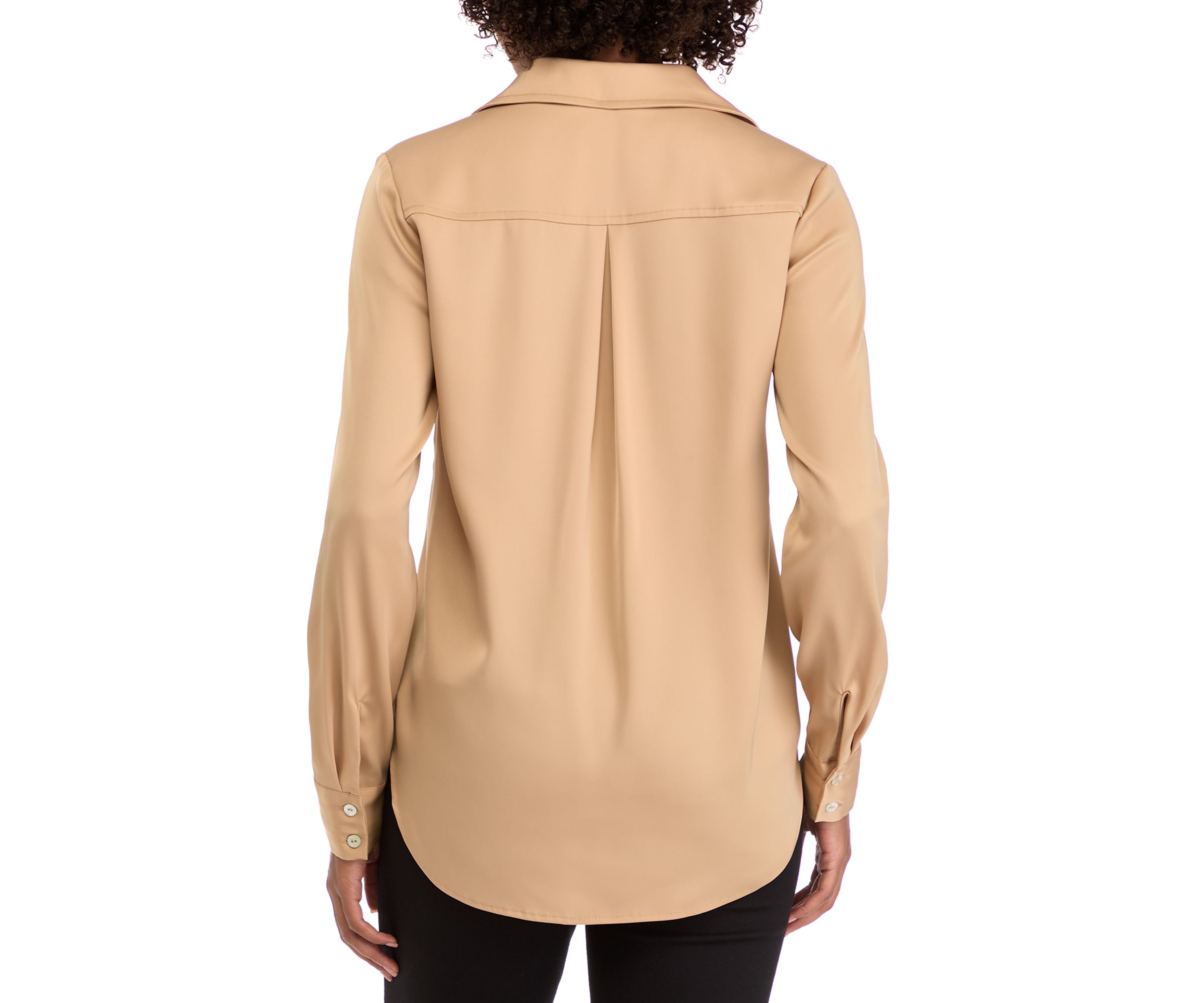 Womens Long Sleeve Split Neck Woven Button Down Blouse