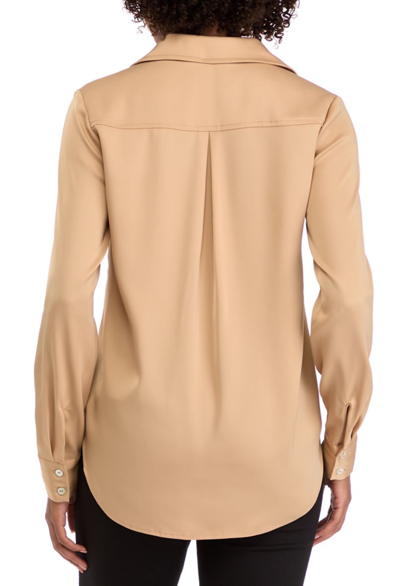 Womens Long Sleeve Split Neck Woven Button Down Blouse
