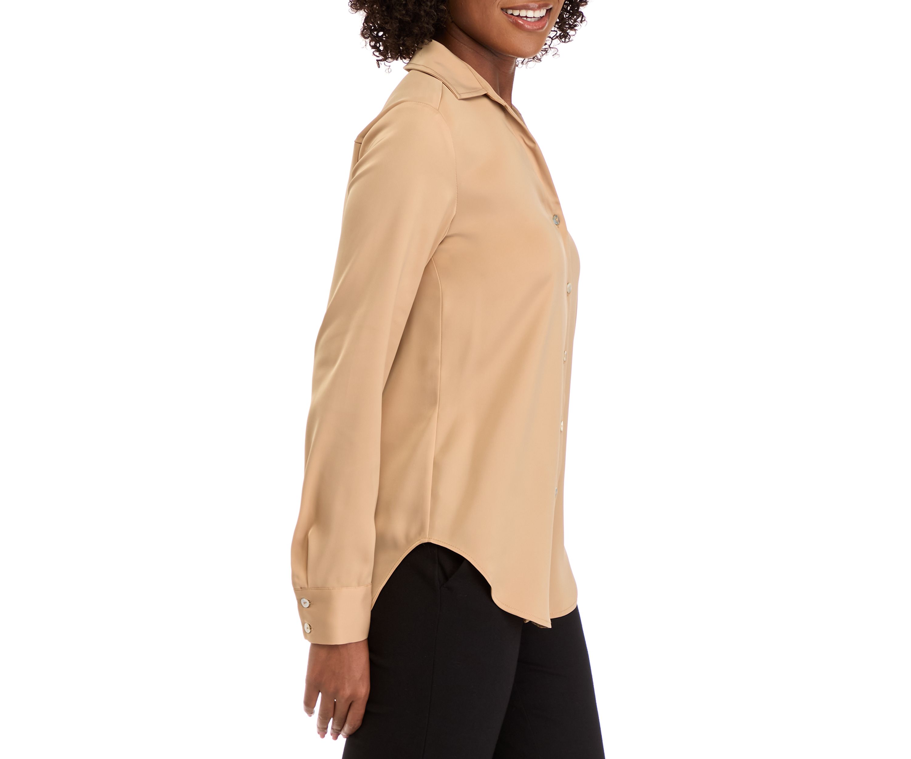 Womens Long Sleeve Split Neck Woven Button Down Blouse