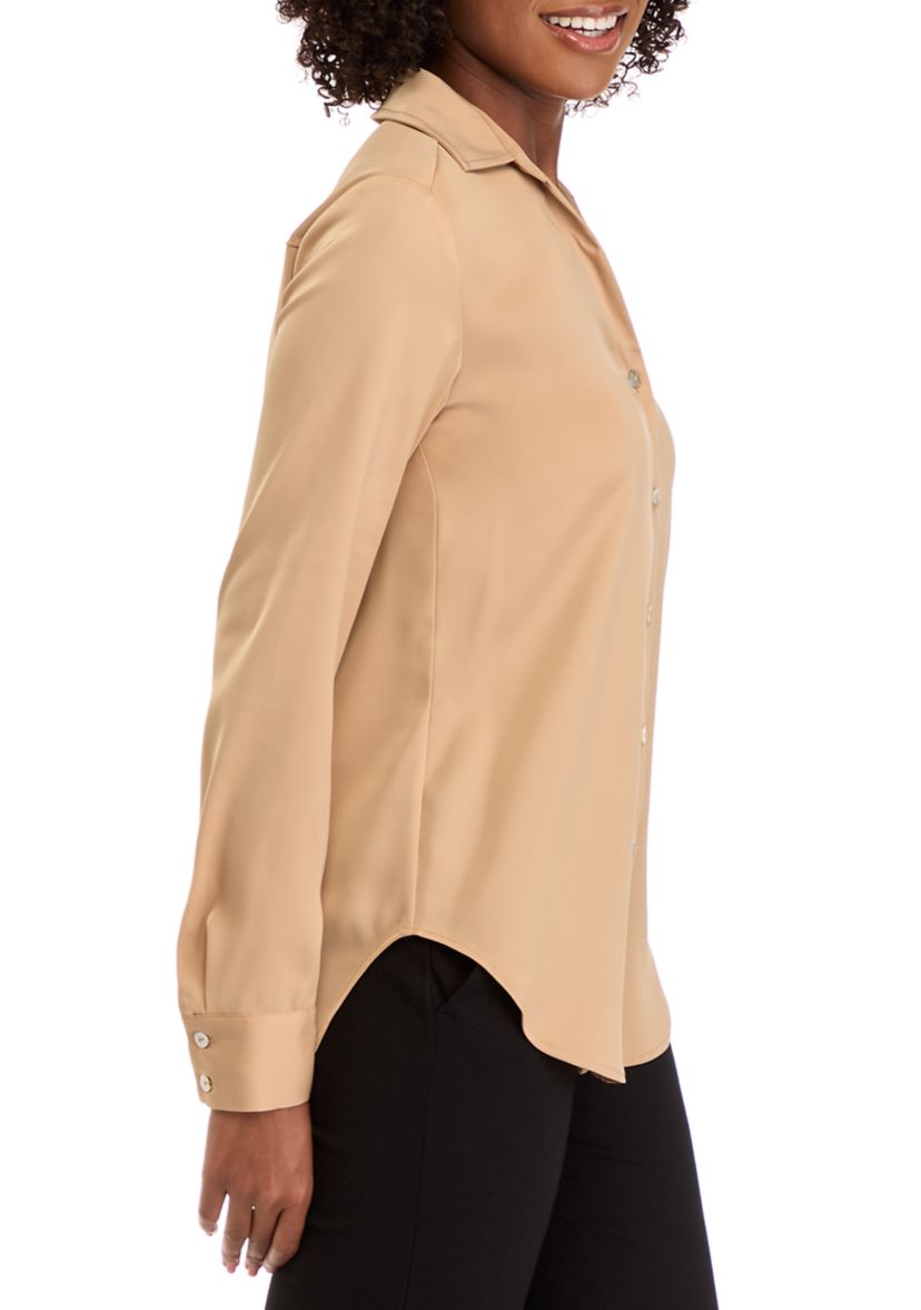 Womens Long Sleeve Split Neck Woven Button Down Blouse