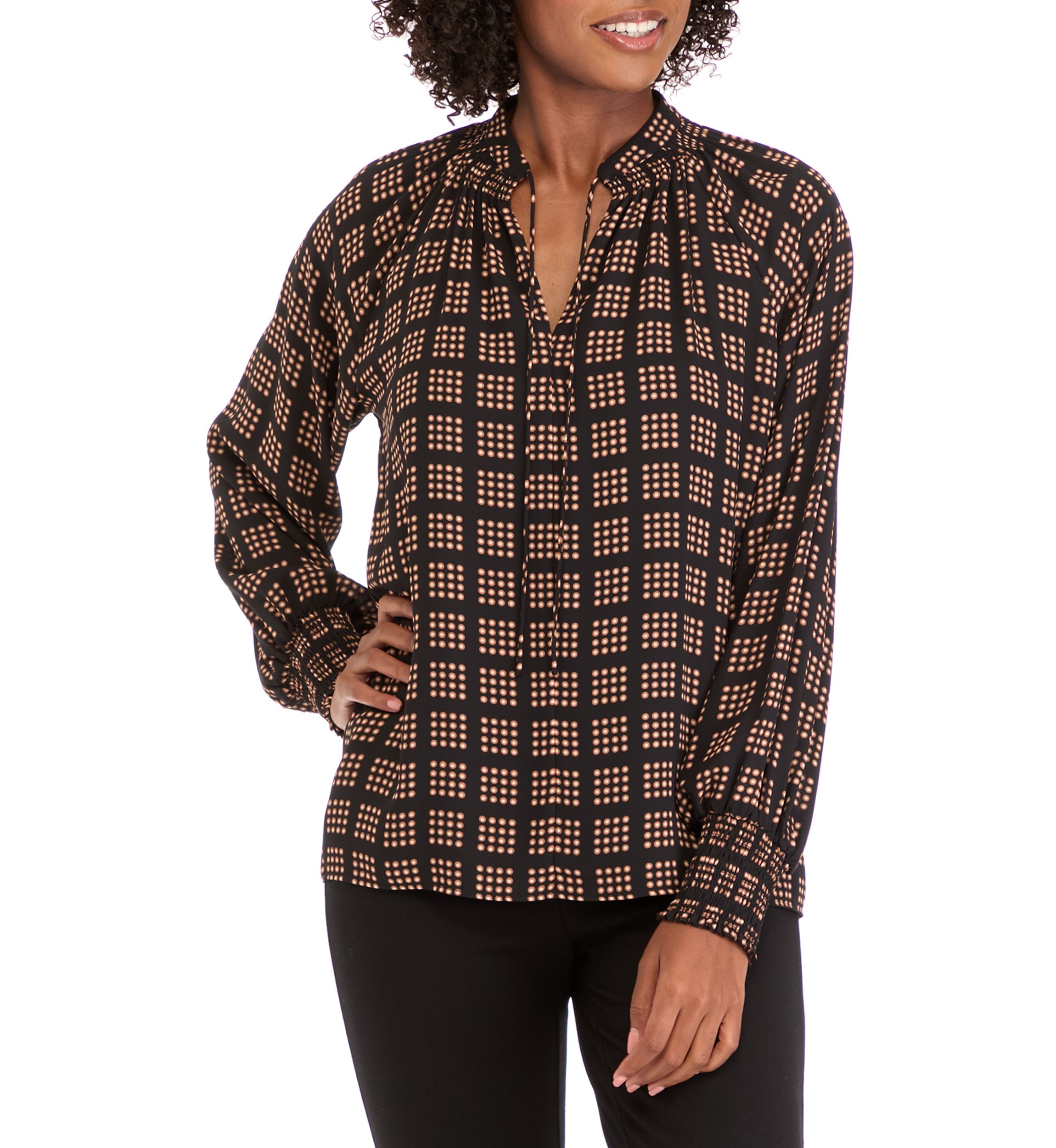 Womens Long Sleeve Split Neck Smocked Blouse