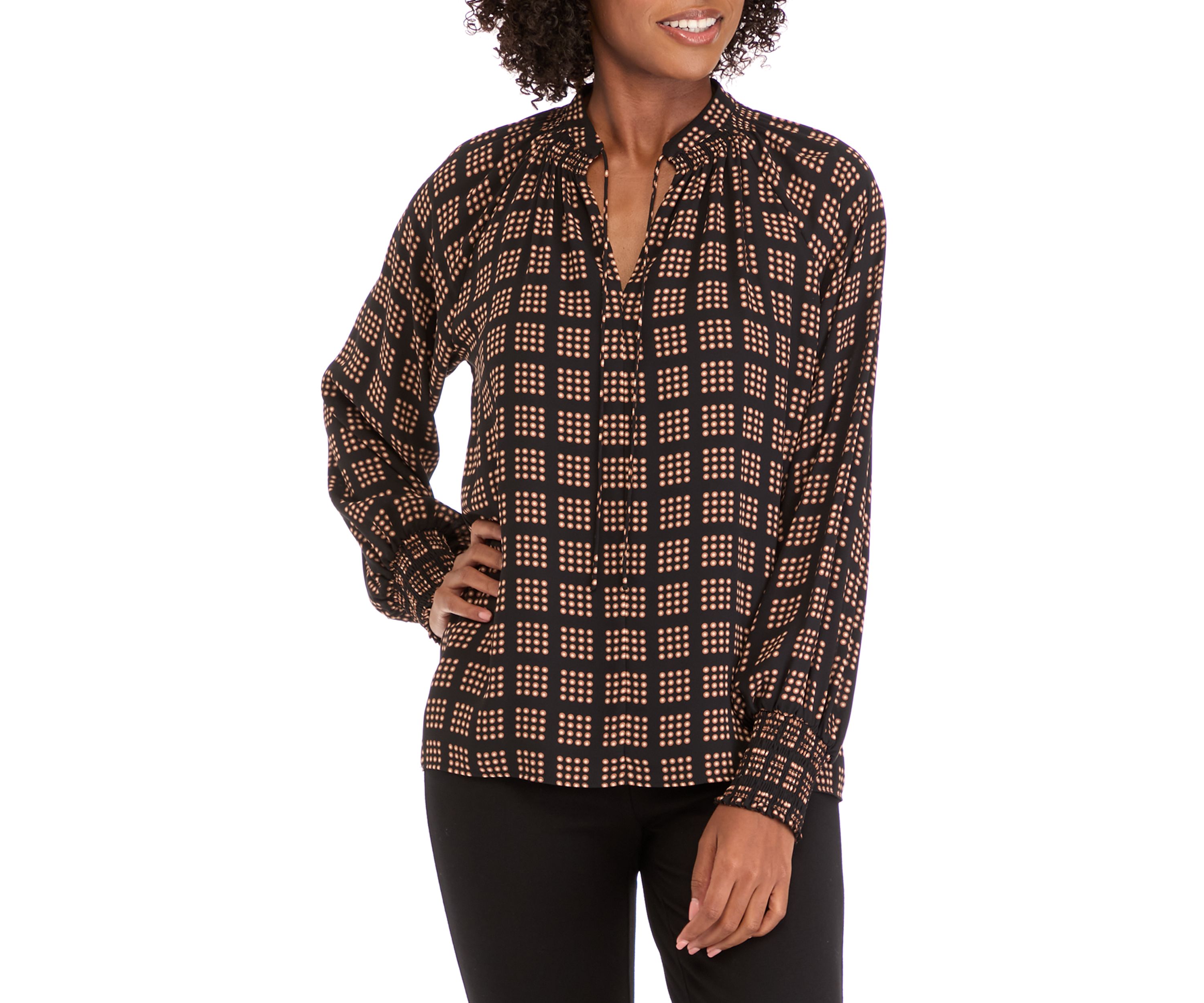 Womens Long Sleeve Split Neck Smocked Blouse