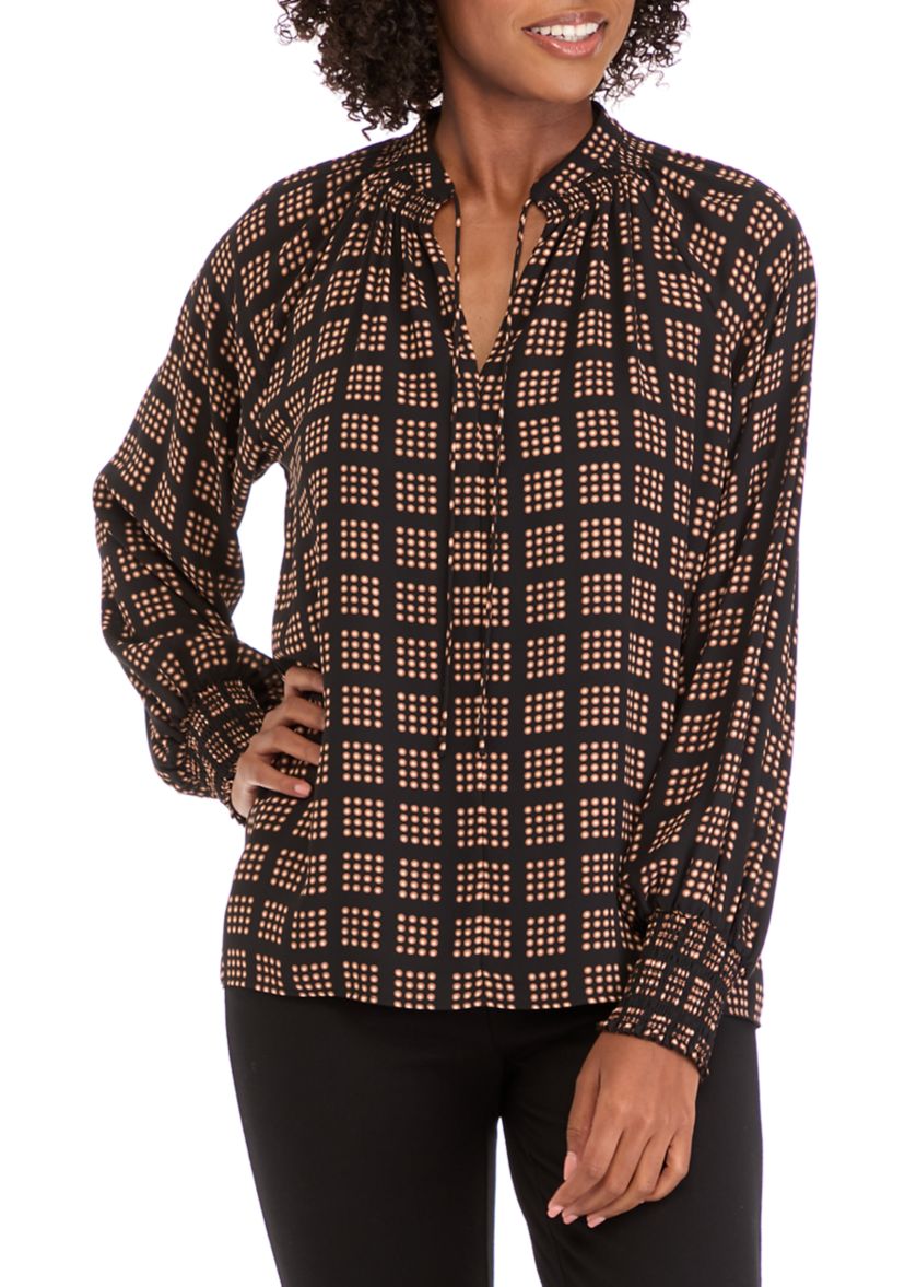 Womens Long Sleeve Split Neck Smocked Blouse