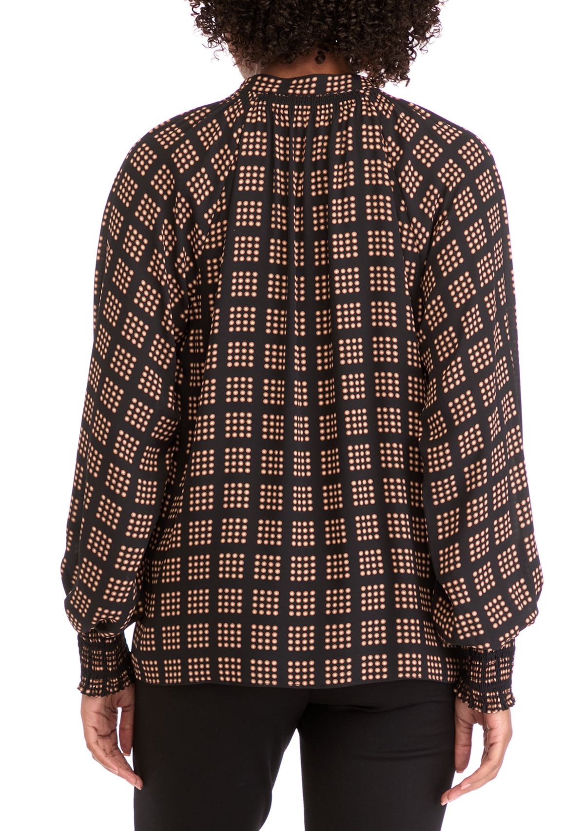 Womens Long Sleeve Split Neck Smocked Blouse