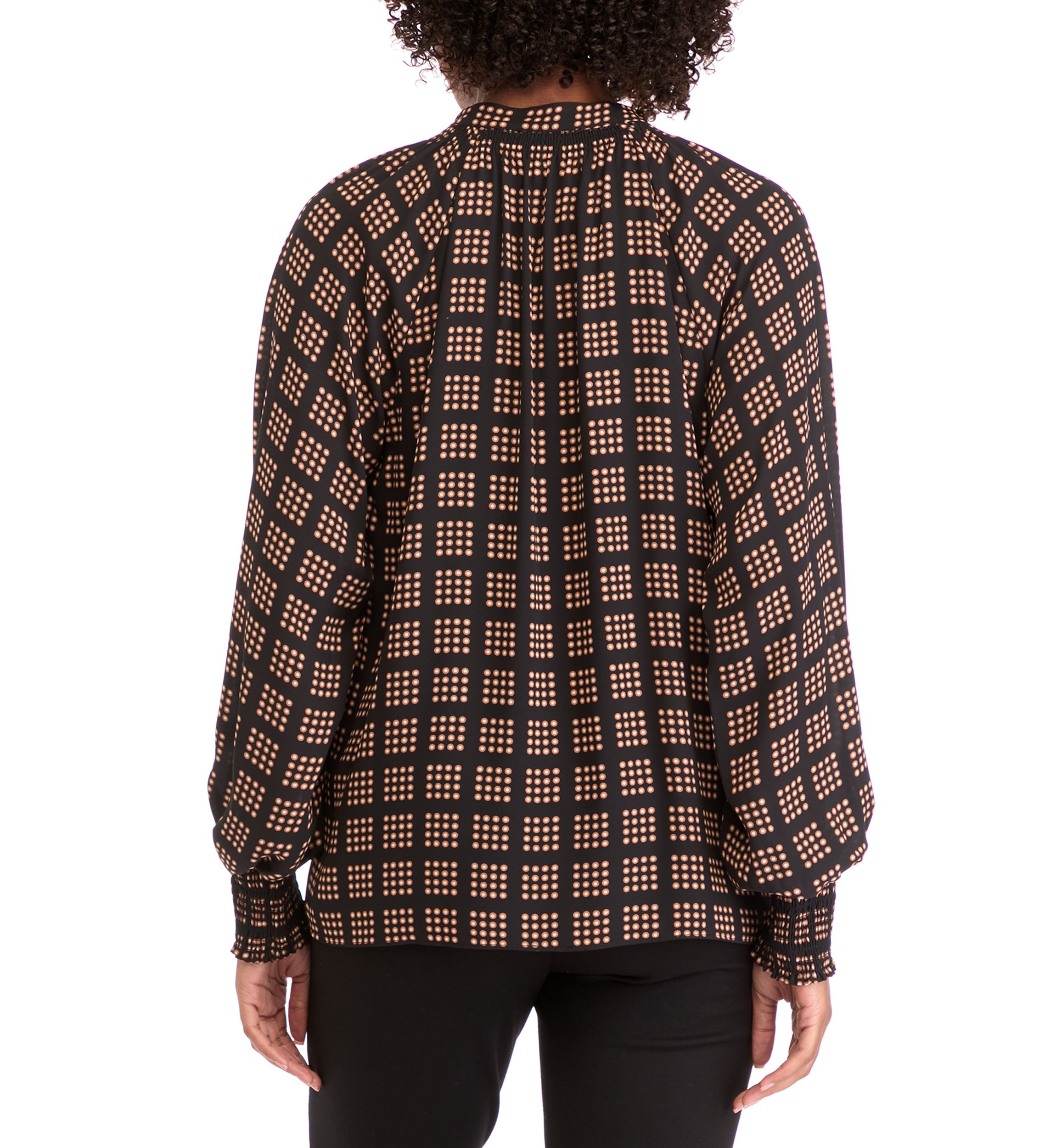 Womens Long Sleeve Split Neck Smocked Blouse