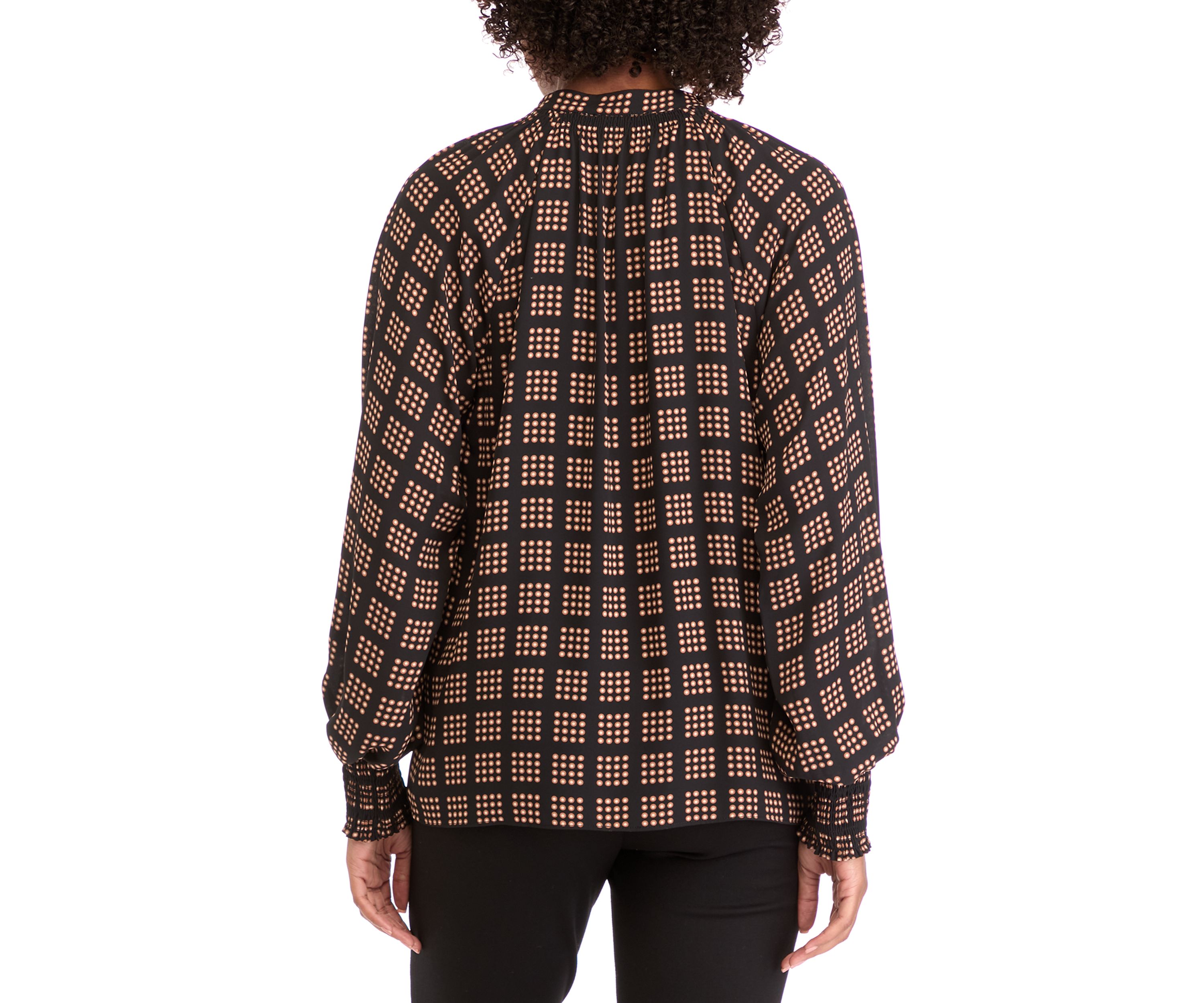 Womens Long Sleeve Split Neck Smocked Blouse
