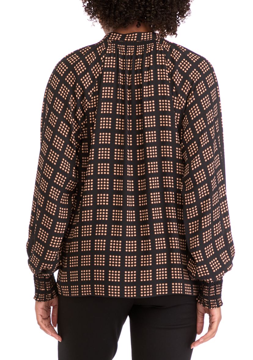Womens Long Sleeve Split Neck Smocked Blouse