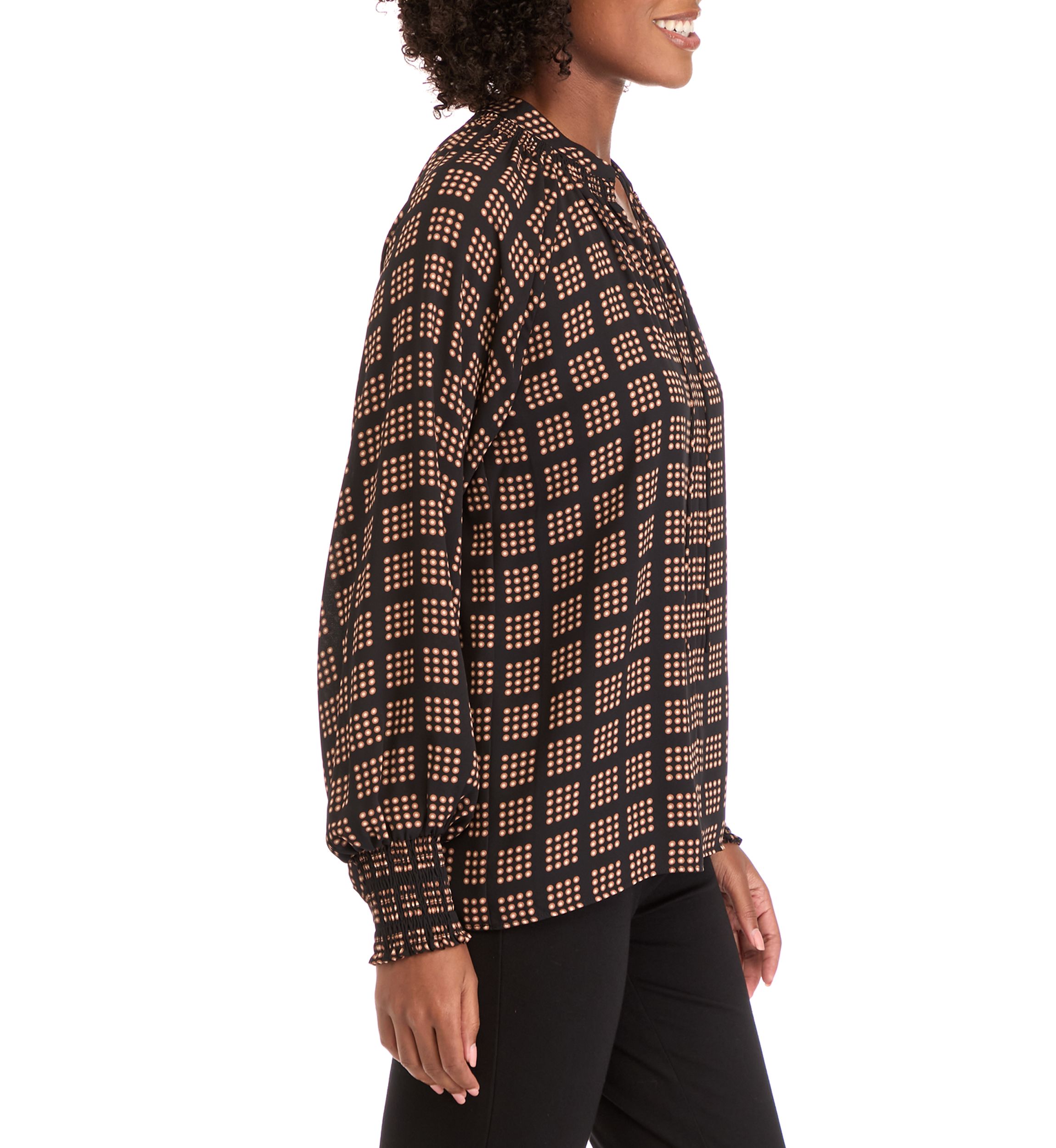 Womens Long Sleeve Split Neck Smocked Blouse