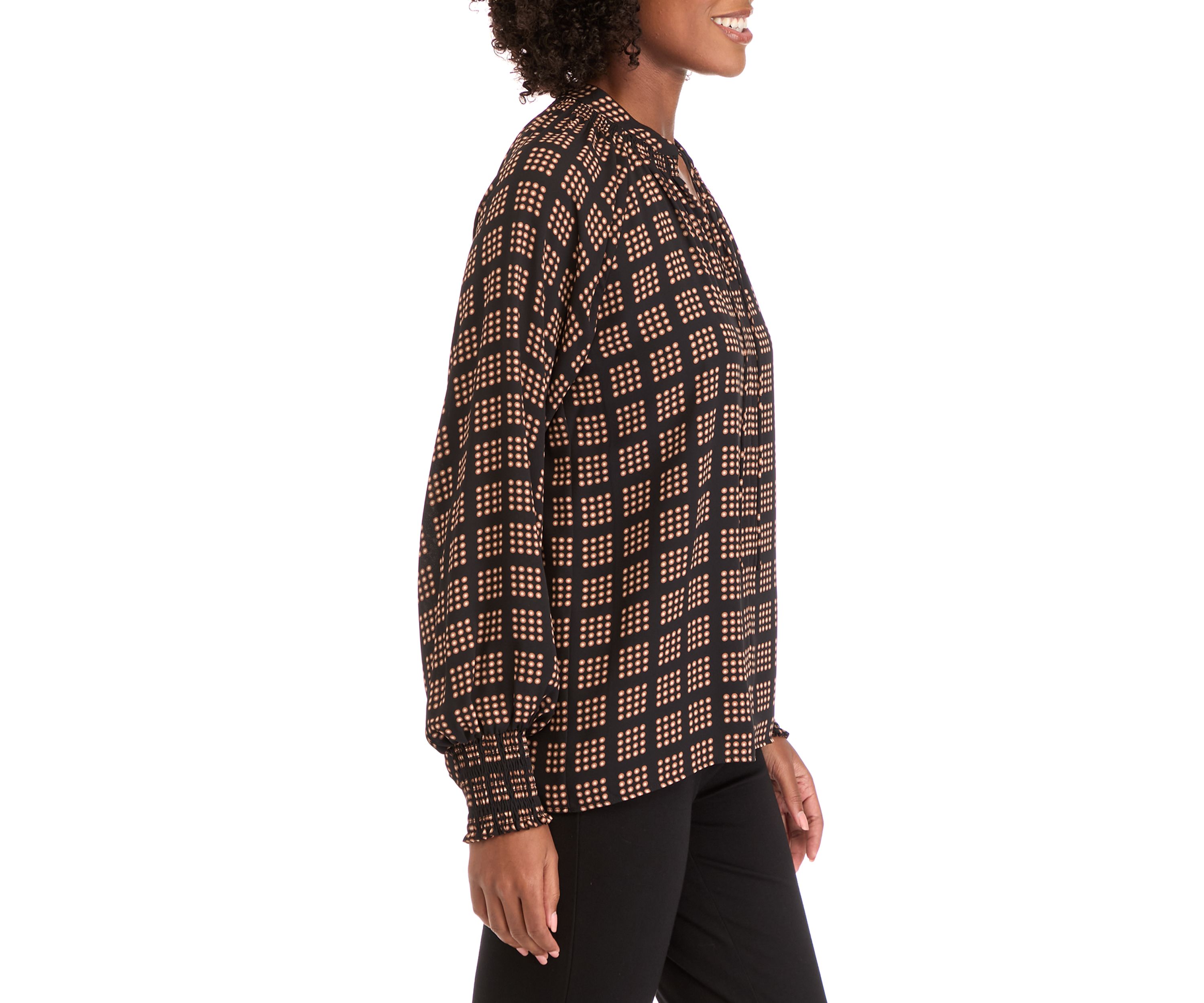 Womens Long Sleeve Split Neck Smocked Blouse