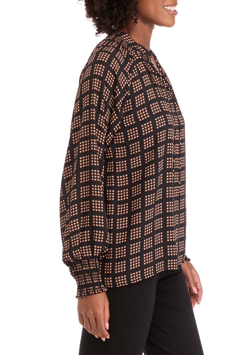 Womens Long Sleeve Split Neck Smocked Blouse