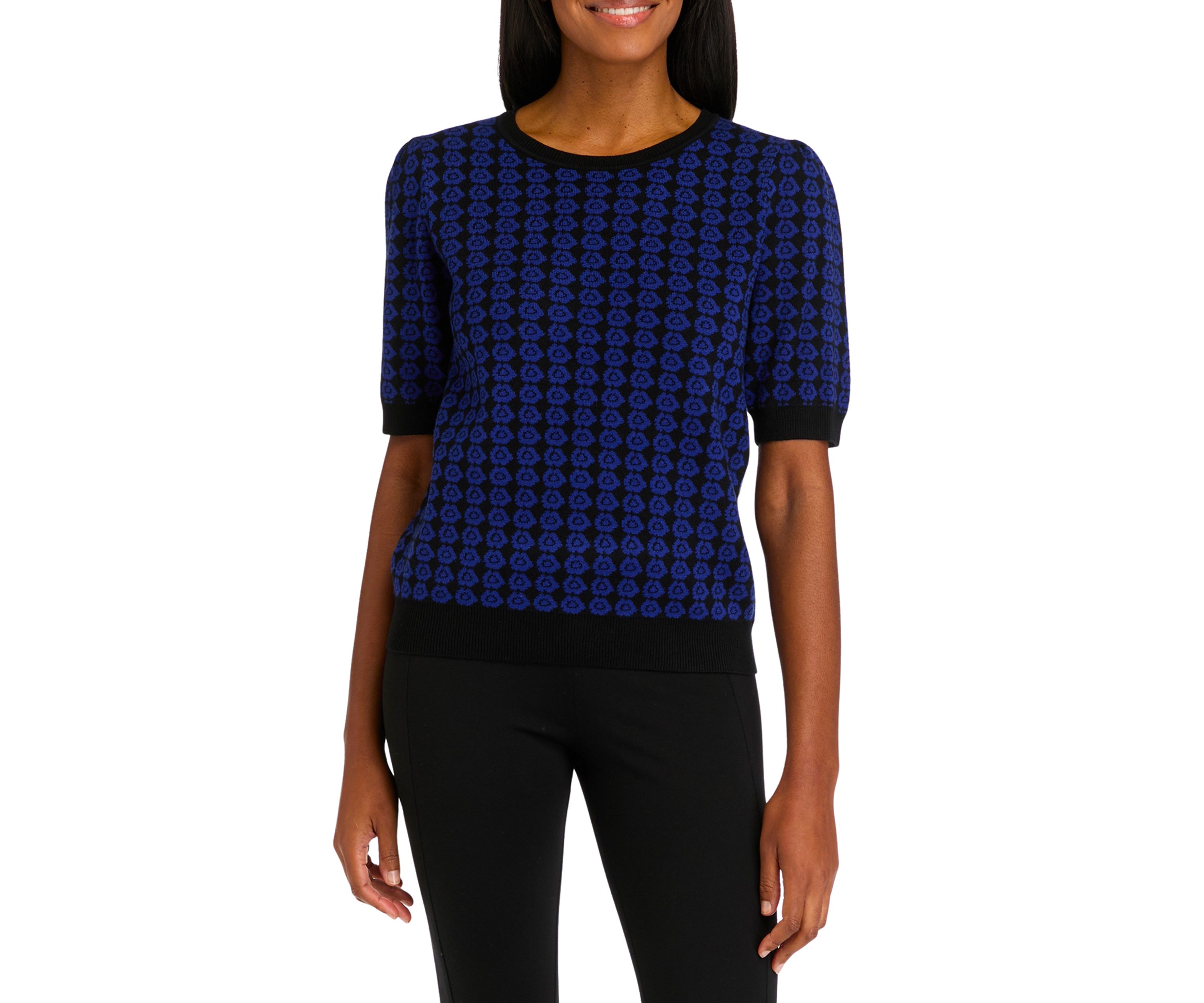 Womens Blouson Sleeve Floral Crew Neck Sweater