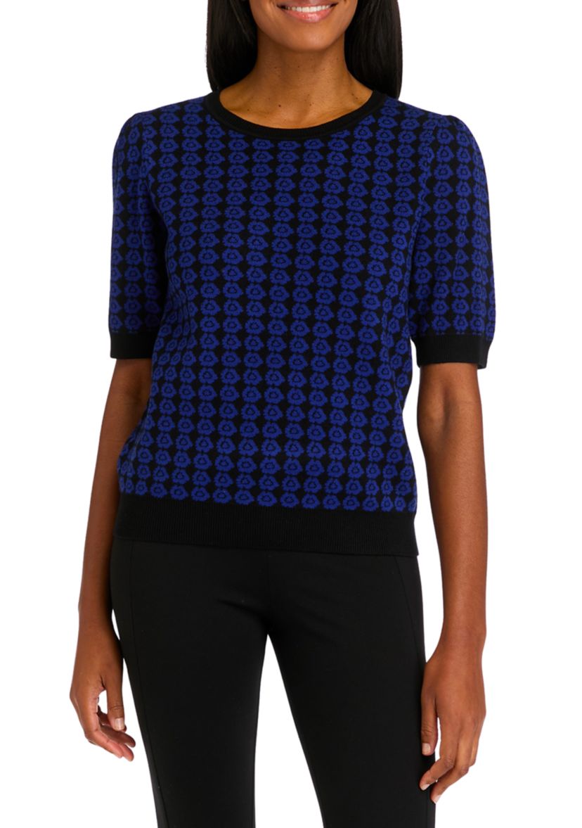 Womens Blouson Sleeve Floral Crew Neck Sweater