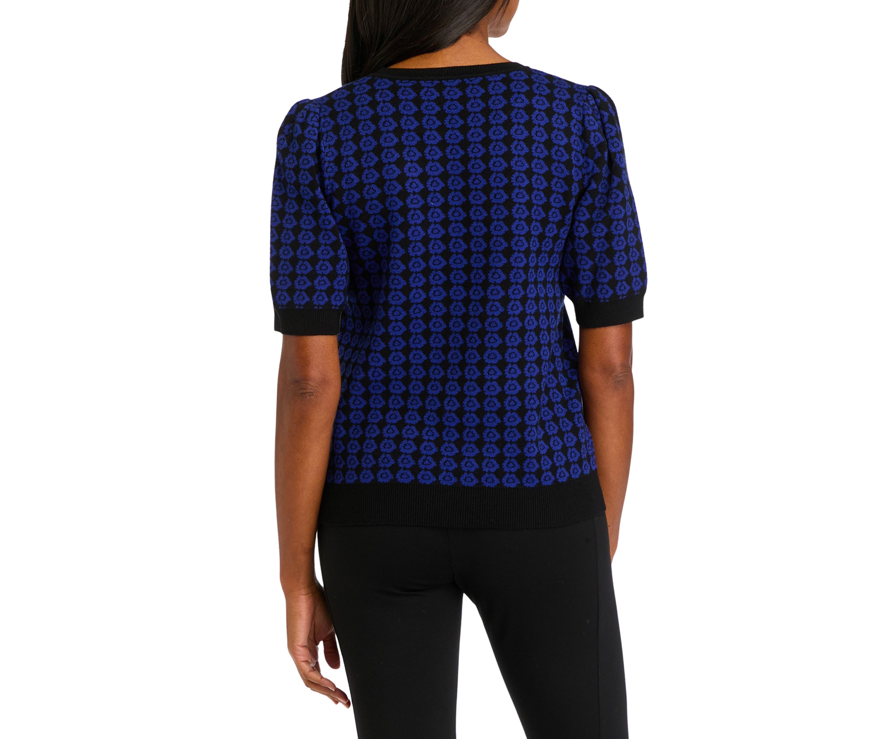 Womens Blouson Sleeve Floral Crew Neck Sweater