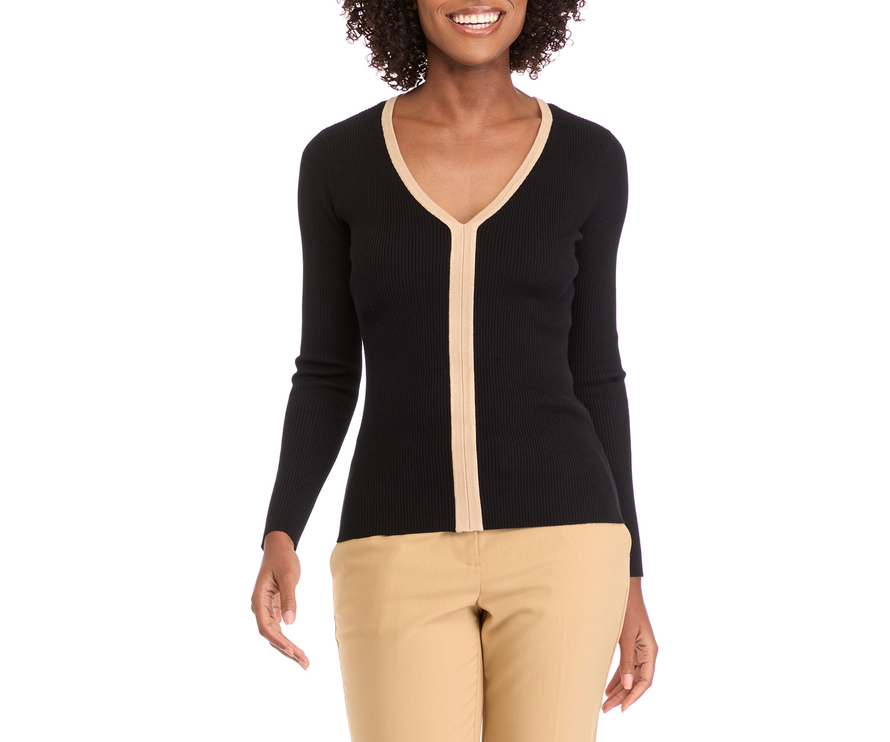 Womens Long Sleeve V-Neck Front Stripe Ribbed Sweater