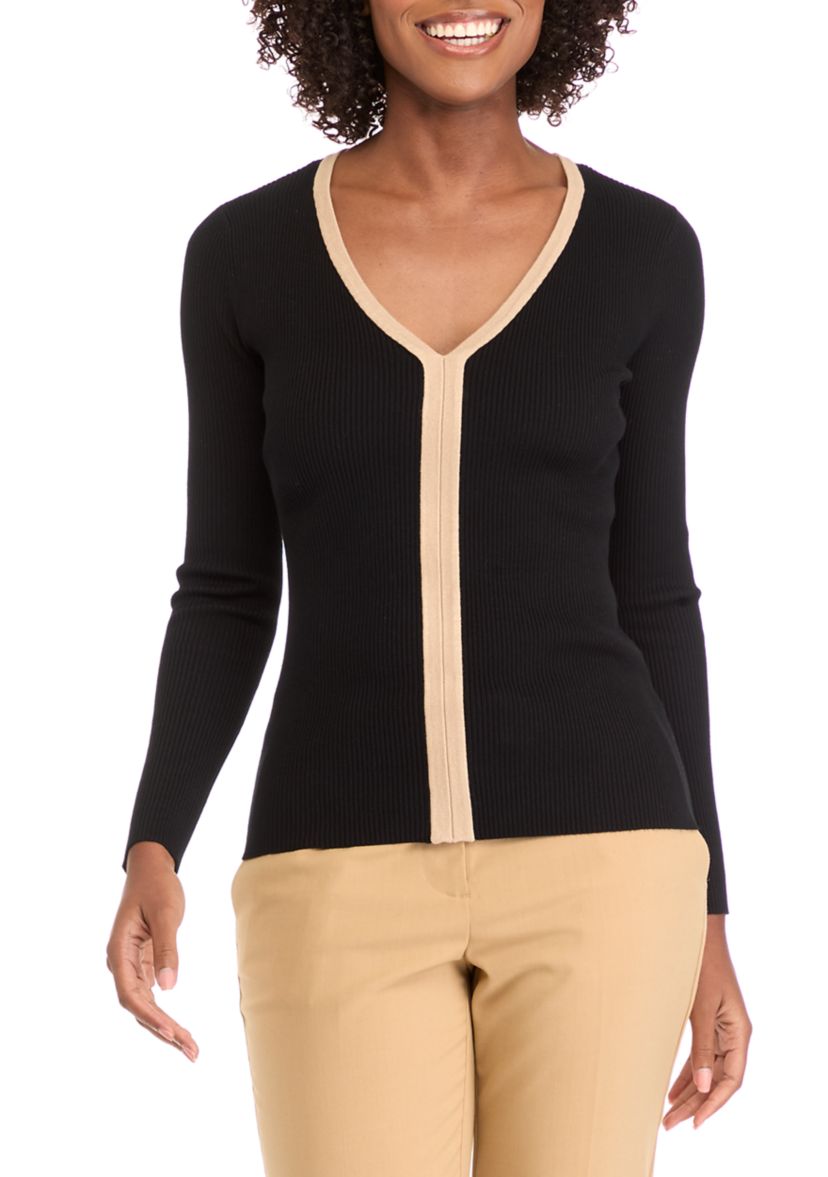 Womens Long Sleeve V-Neck Front Stripe Ribbed Sweater