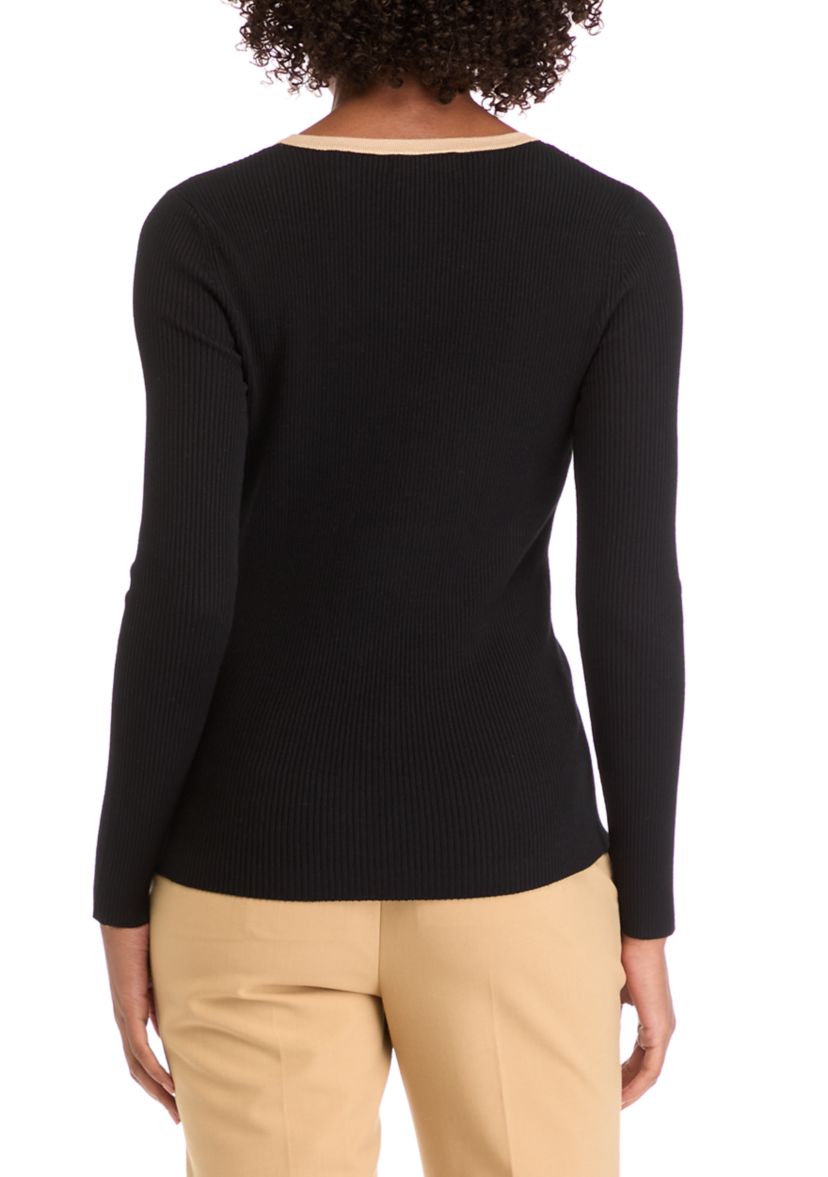 Womens Long Sleeve V-Neck Front Stripe Ribbed Sweater
