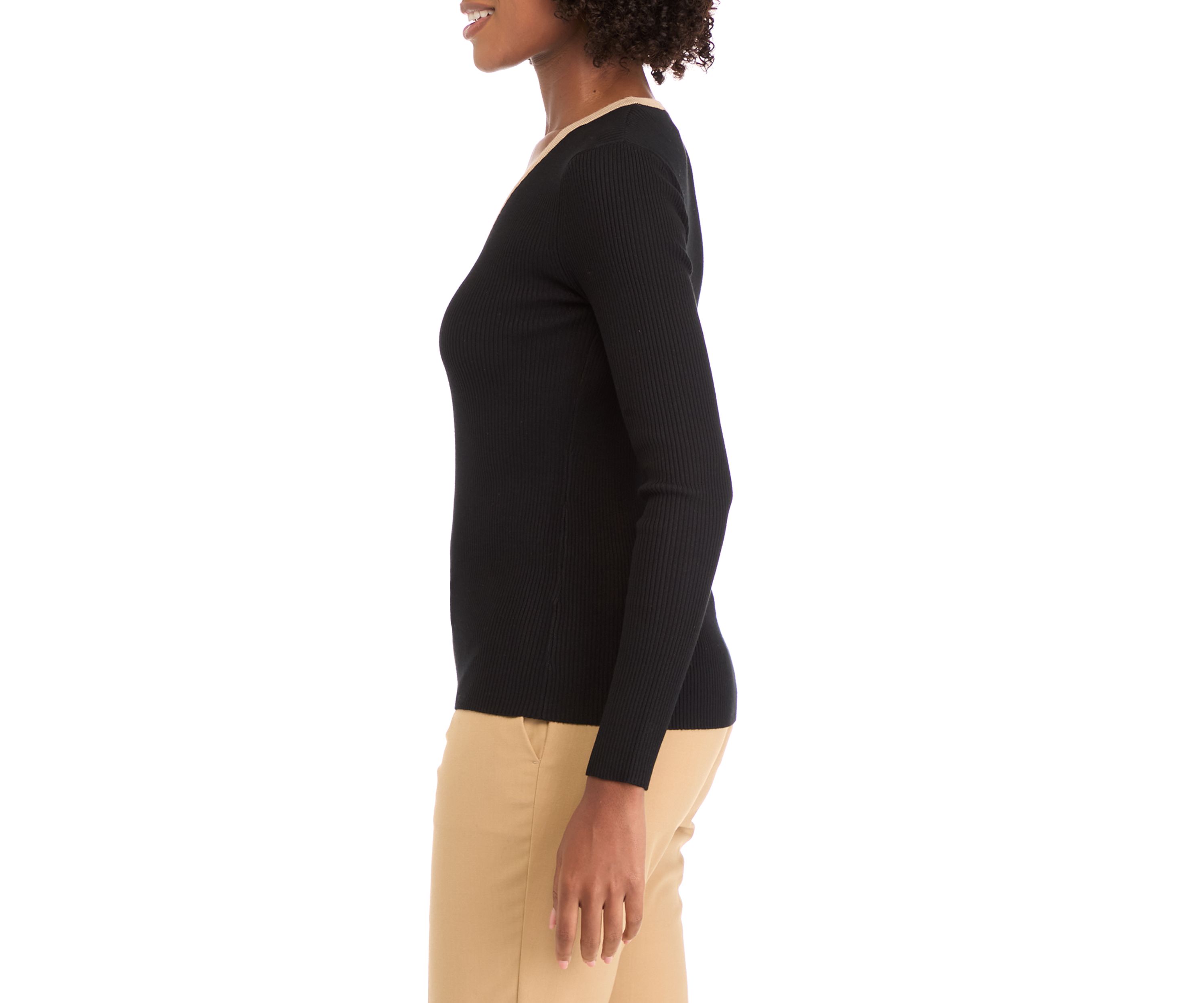Womens Long Sleeve V-Neck Front Stripe Ribbed Sweater