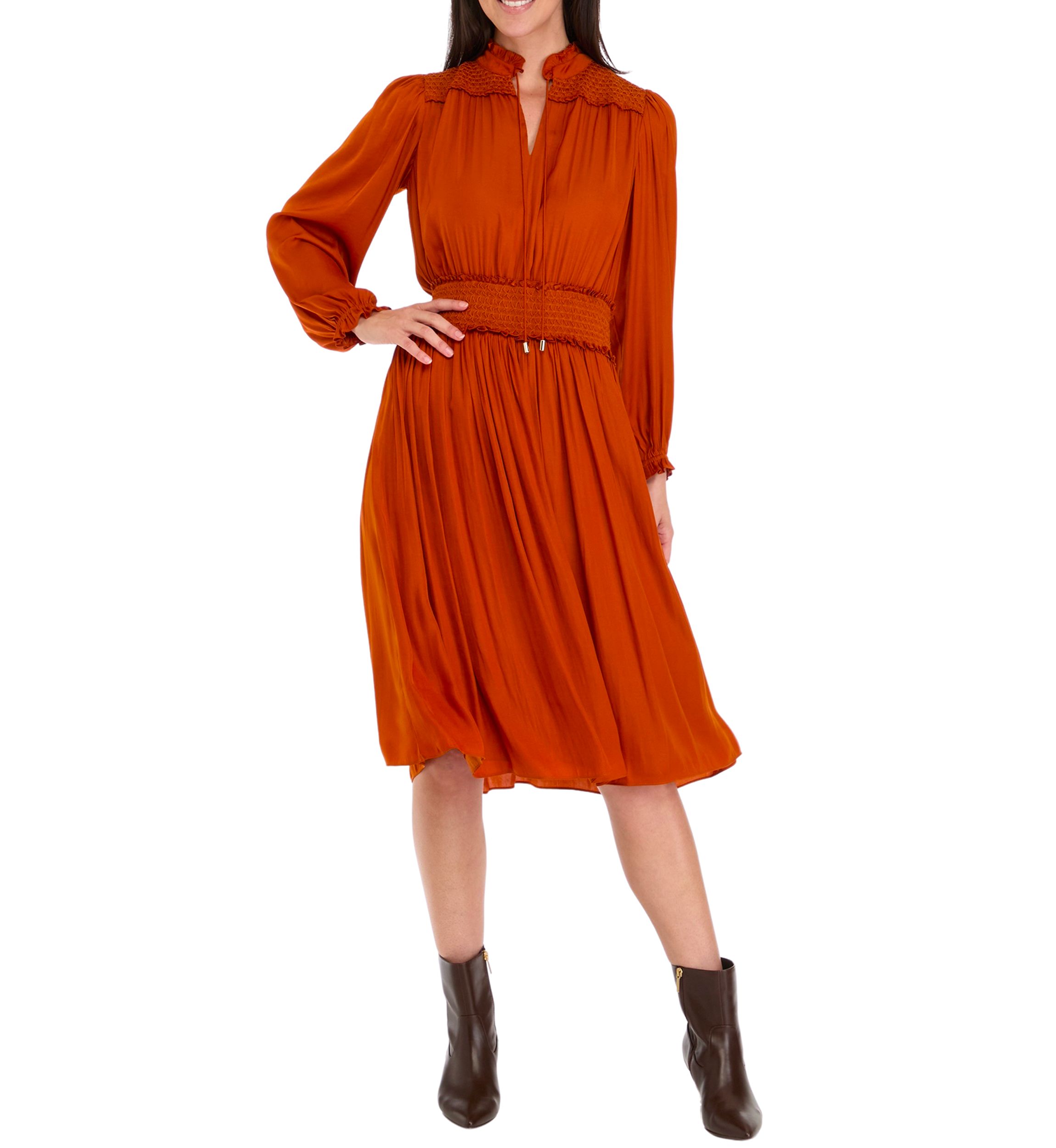 Womens Long Sleeve Split Neck Dress with Embroidered Smocking Detail