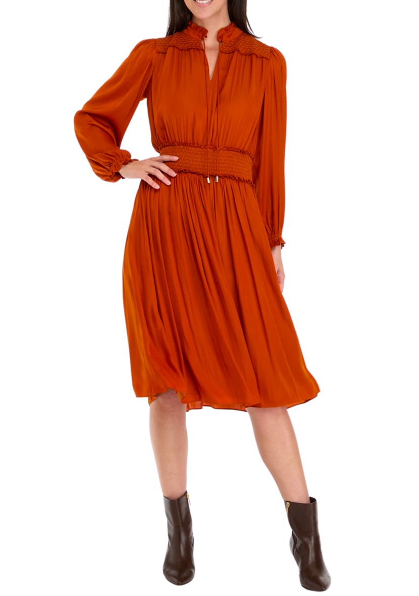 Womens Long Sleeve Split Neck Dress with Embroidered Smocking Detail