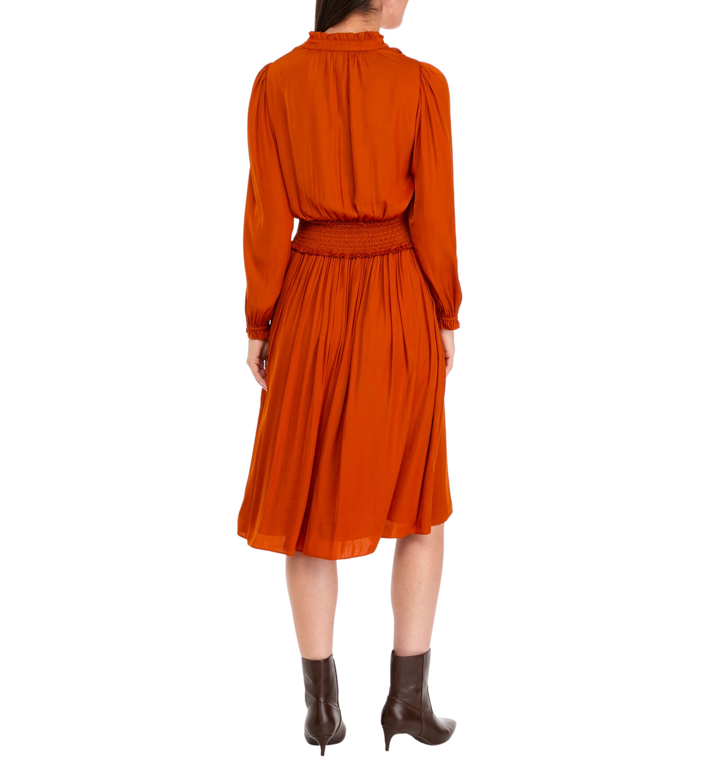 Womens Long Sleeve Split Neck Dress with Embroidered Smocking Detail