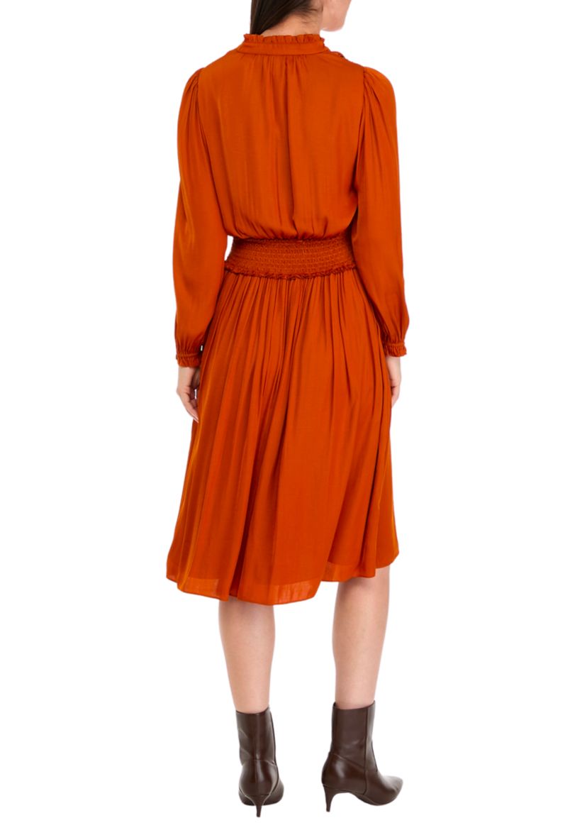 Womens Long Sleeve Split Neck Dress with Embroidered Smocking Detail