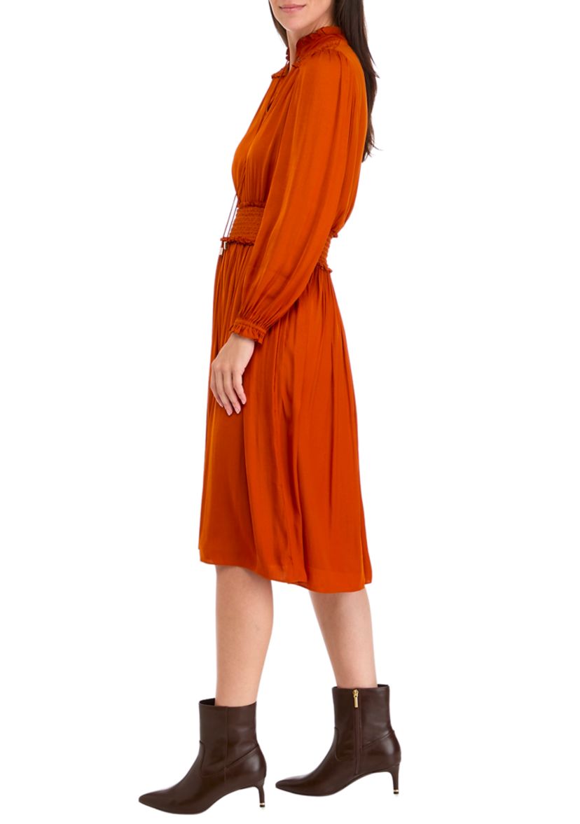 Womens Long Sleeve Split Neck Dress with Embroidered Smocking Detail