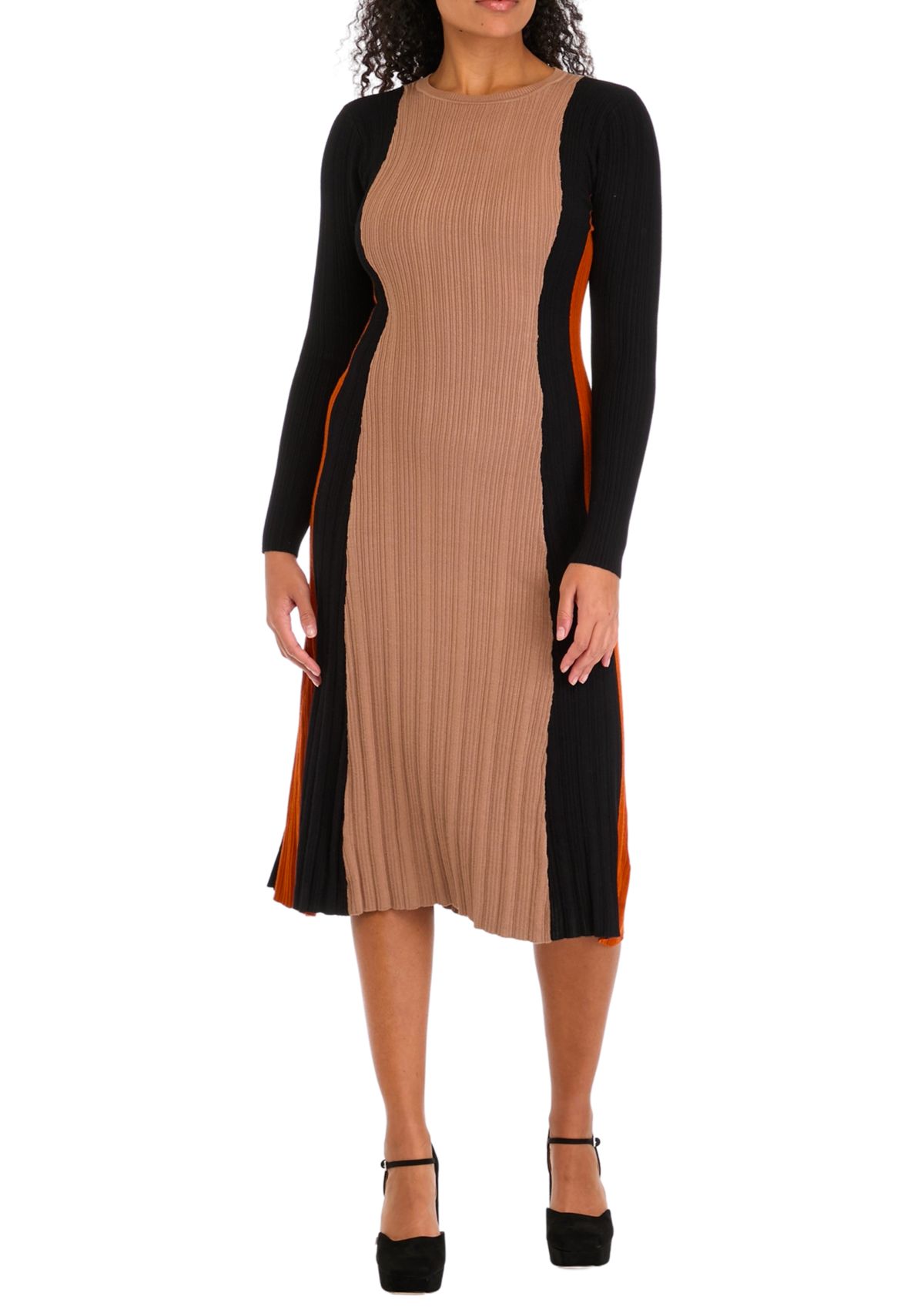 Womens Veritcal Color Blocked Ribbed Knit Dress