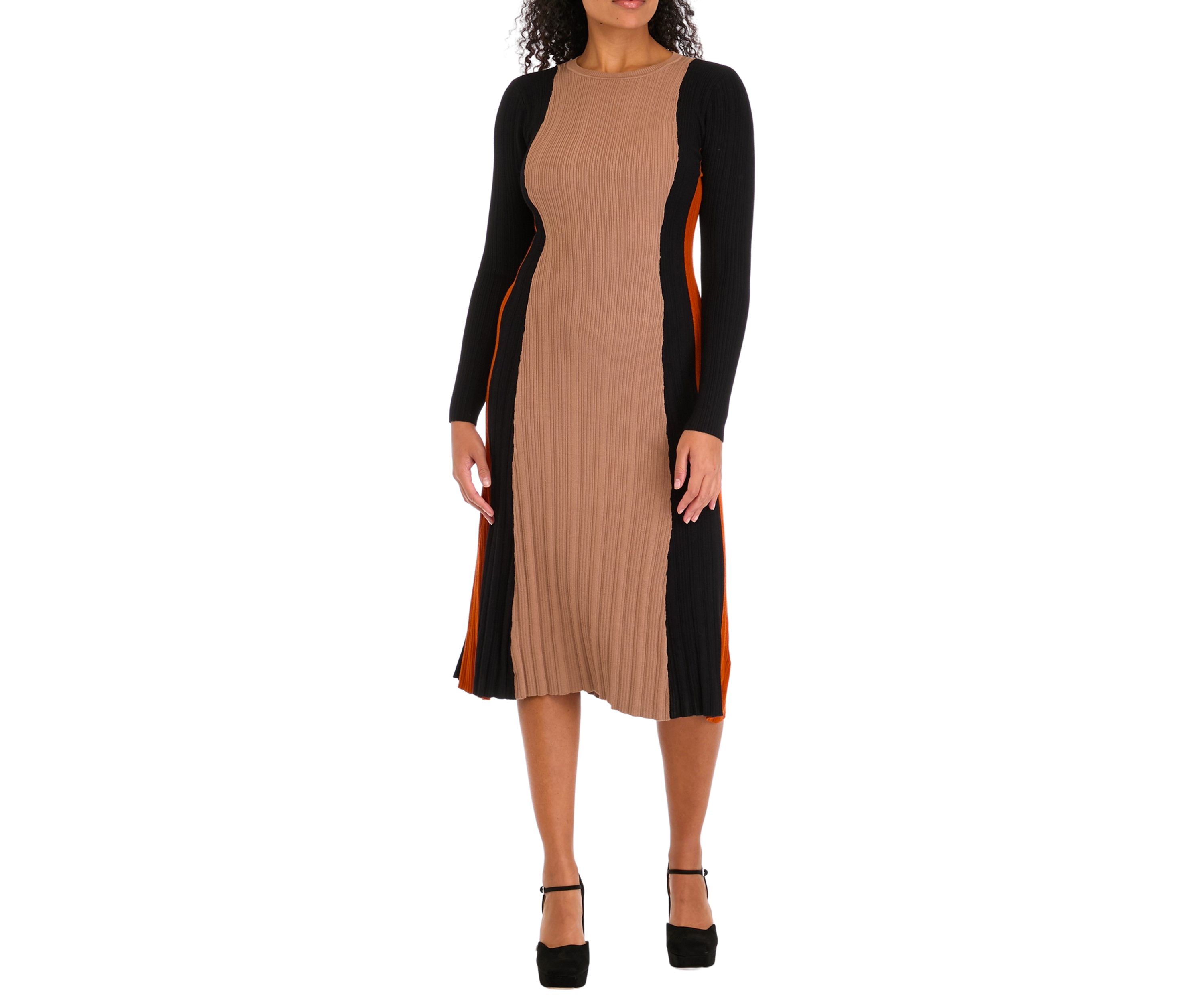 Womens Veritcal Color Blocked Ribbed Knit Dress