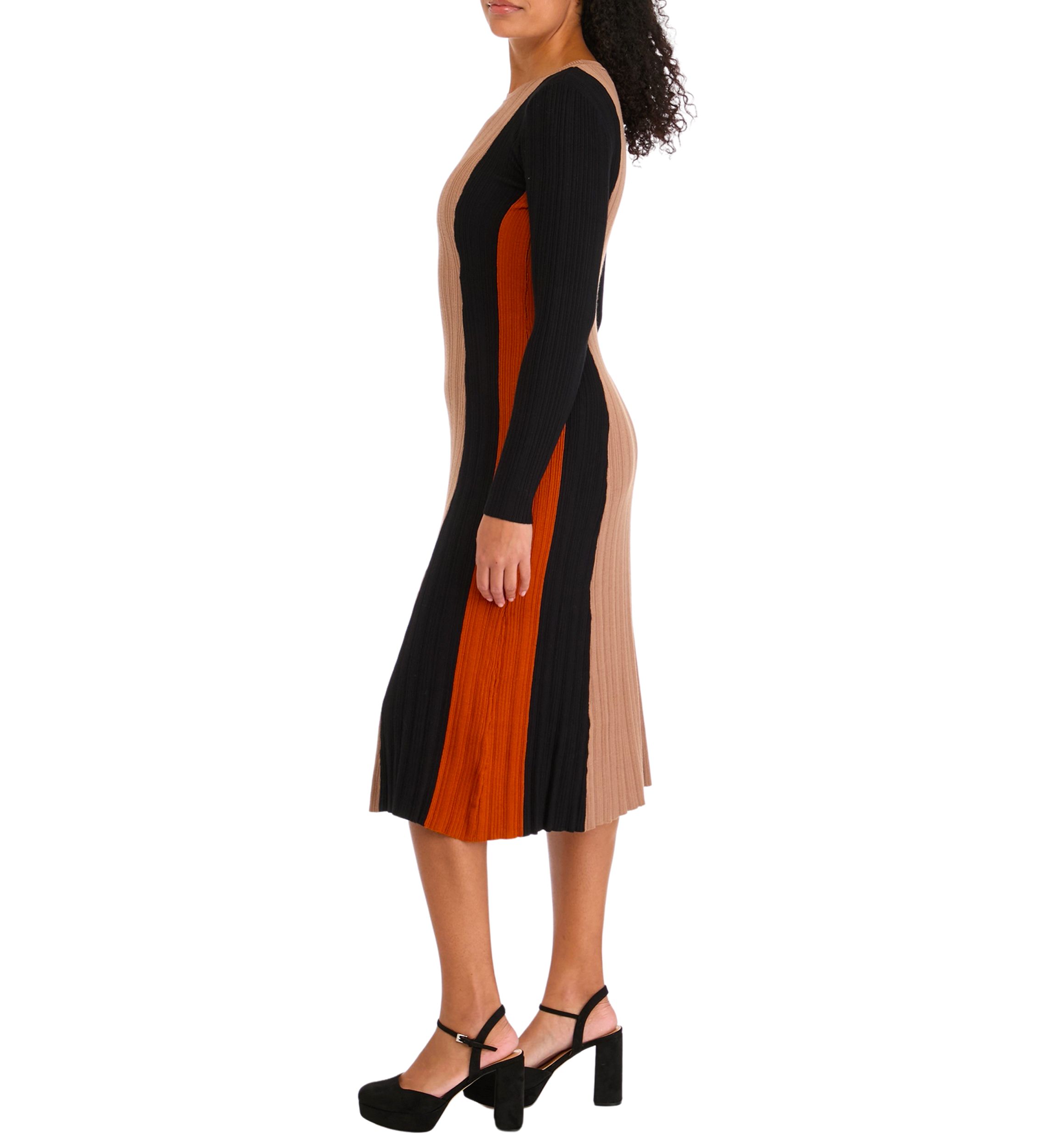 Womens Veritcal Color Blocked Ribbed Knit Dress
