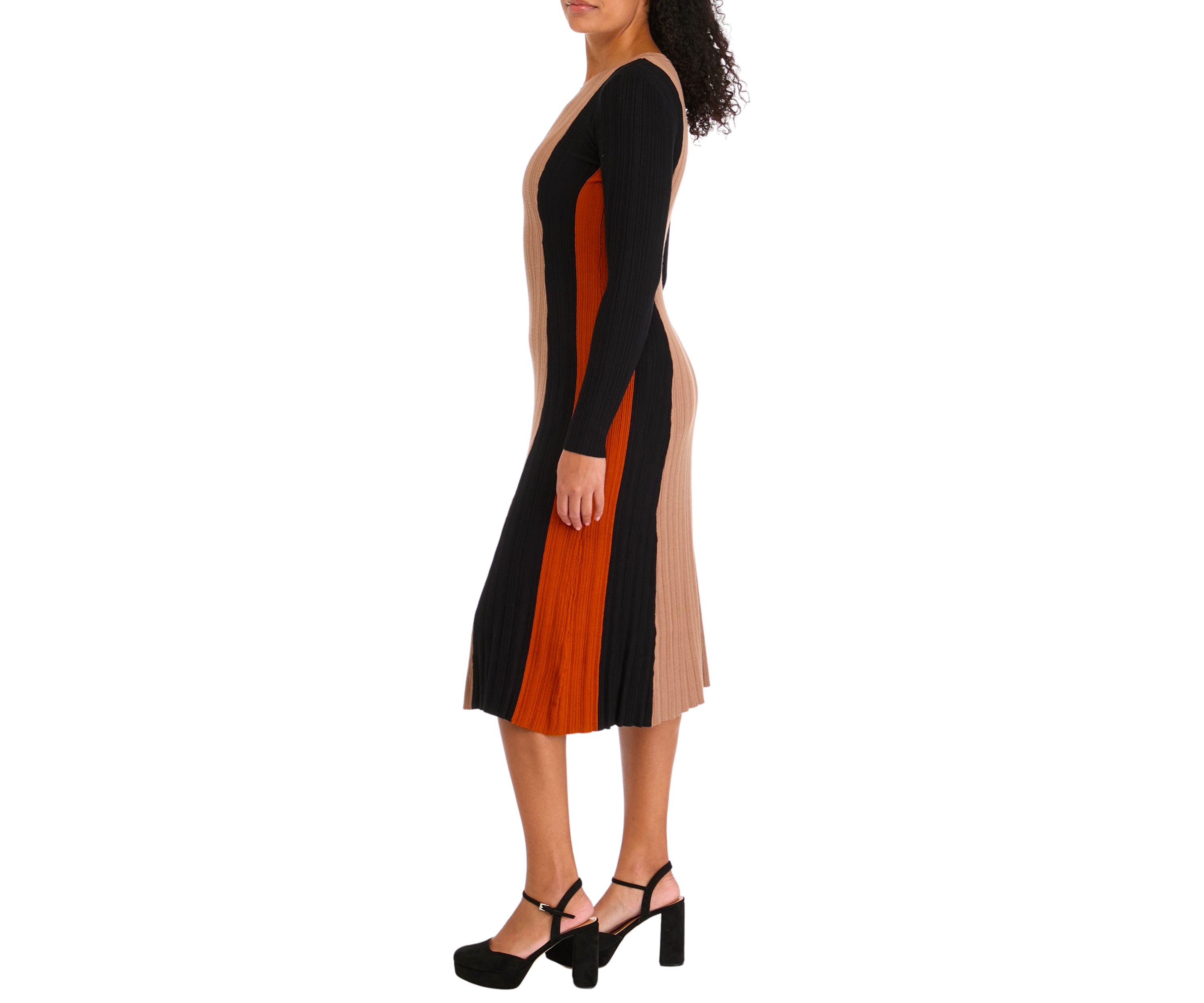 Womens Veritcal Color Blocked Ribbed Knit Dress