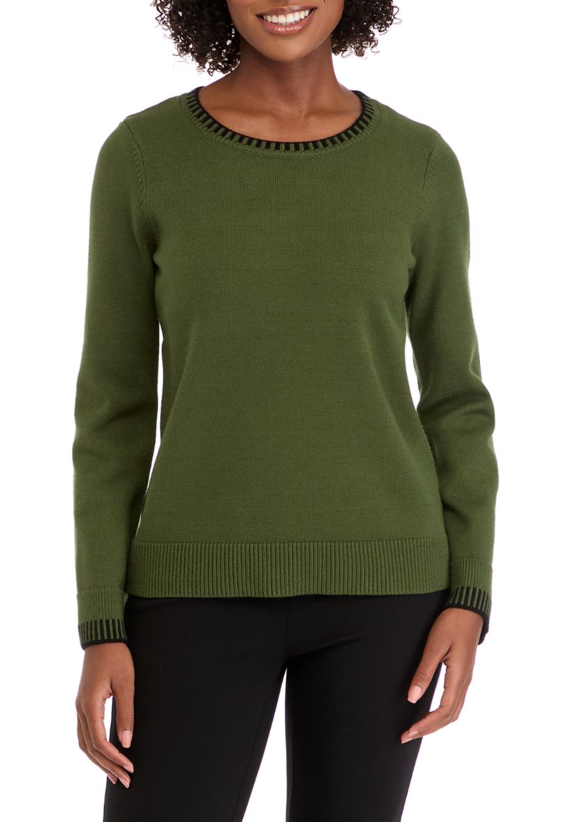 Womens Long Sleeve Crew Neck Whipstitch Top