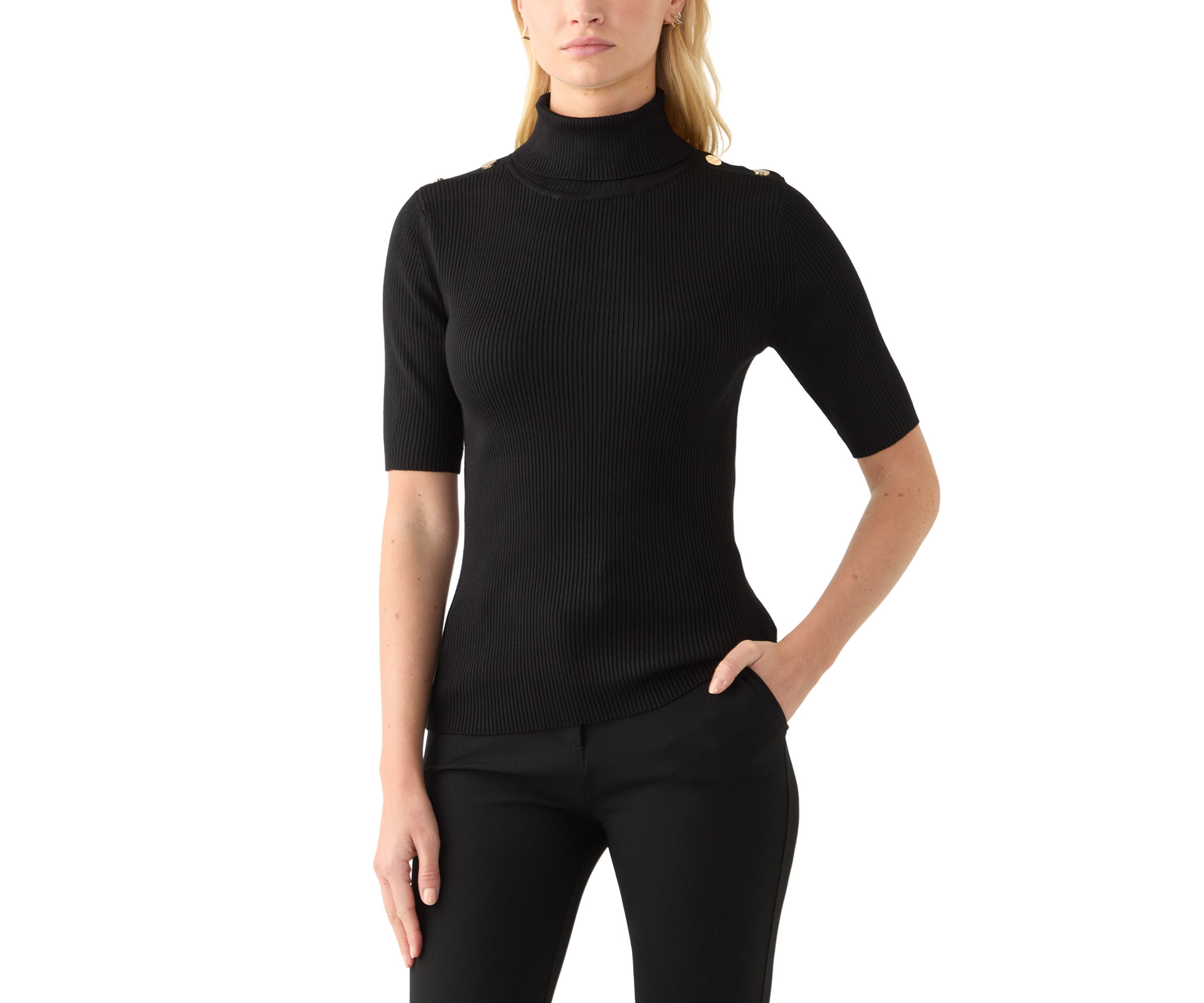 Womens Elbow Sleeve Turtleneck Ribbed Sweater