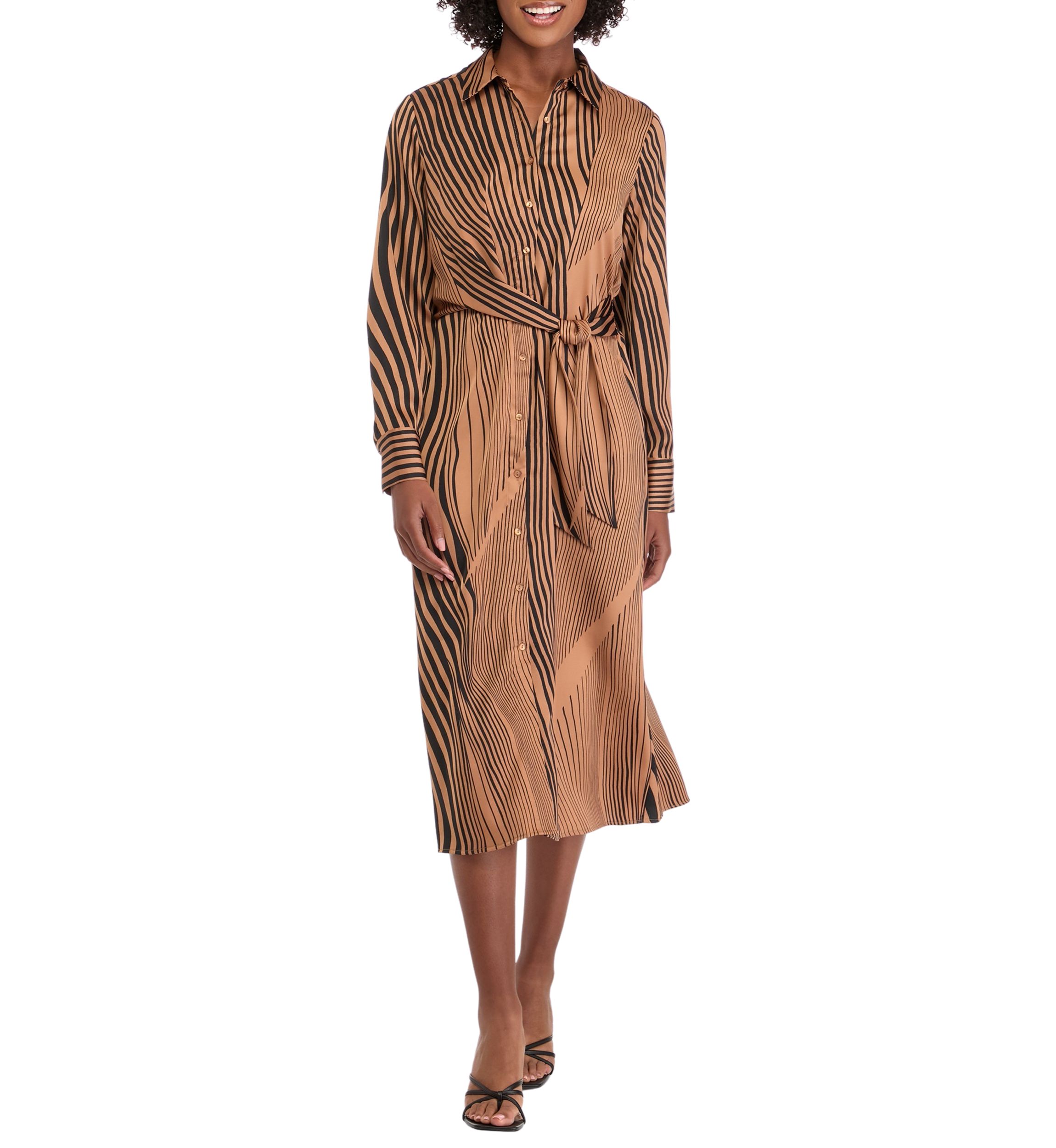 Womens Long Sleeve Printed Button Front Shirtdress 